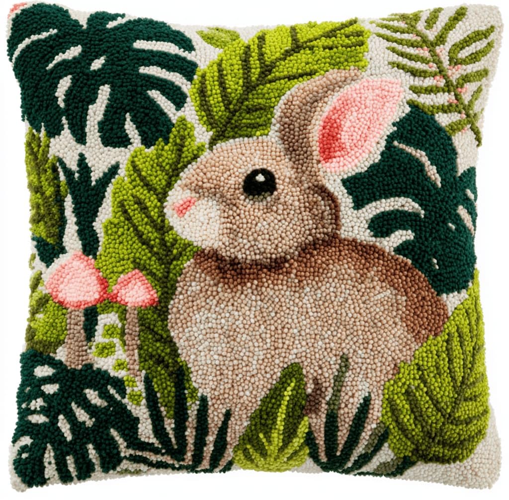 Kitquiver Latch Hook Kits for Adults Rabbit Rug Cover Pillowcase Beginner DIY Needlework Embroidery Kits Handmade Set Craft Sofa Home Decor 43X43Cm