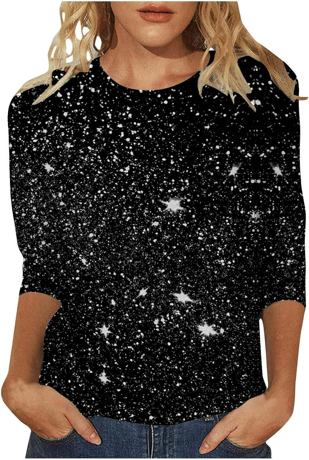 2026 New Arrivals Women's Casual Top with Glitter Print 3/4 Sleeves for Women, Stylish Comfortable
