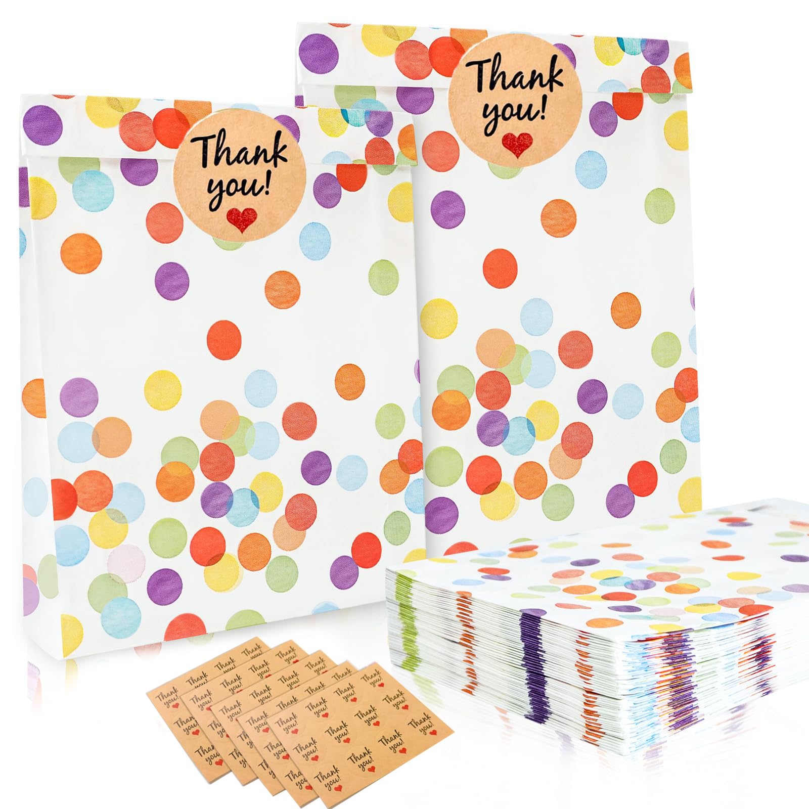 Yeenano Rainbow Dots Party Bags,50pcs Paper Party Bags for Kids party with 60pcs Thank You Stickers,Small Kraft Goodie Bags for Kids Birthday, Sweets,Candy,Gifts,Party Favours | Greaseproof & Durable