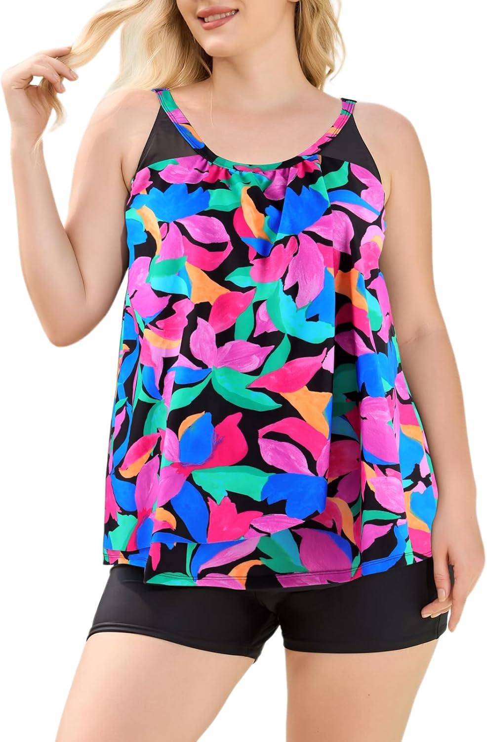 Ocean Blues Women's High Neckline Tankini Sets Tummy Control Two Piece Bathing Suits Loose Fit Swim Tank Top with Boyshorts