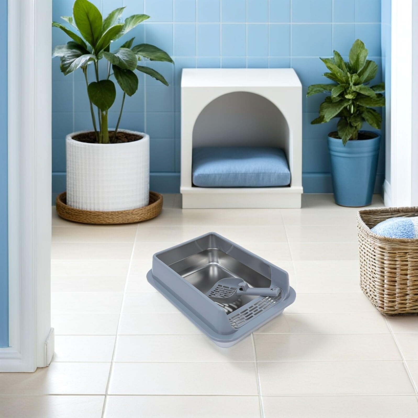 DOITOOL Bandeja de Arena para Gatos de Acero Inoxidable Mediana con Tapa Metálica Gris Caja Cerrada Antiadherente para Uso Doméstico Interior y Exterior Accesorios Gatos Caja de Arena