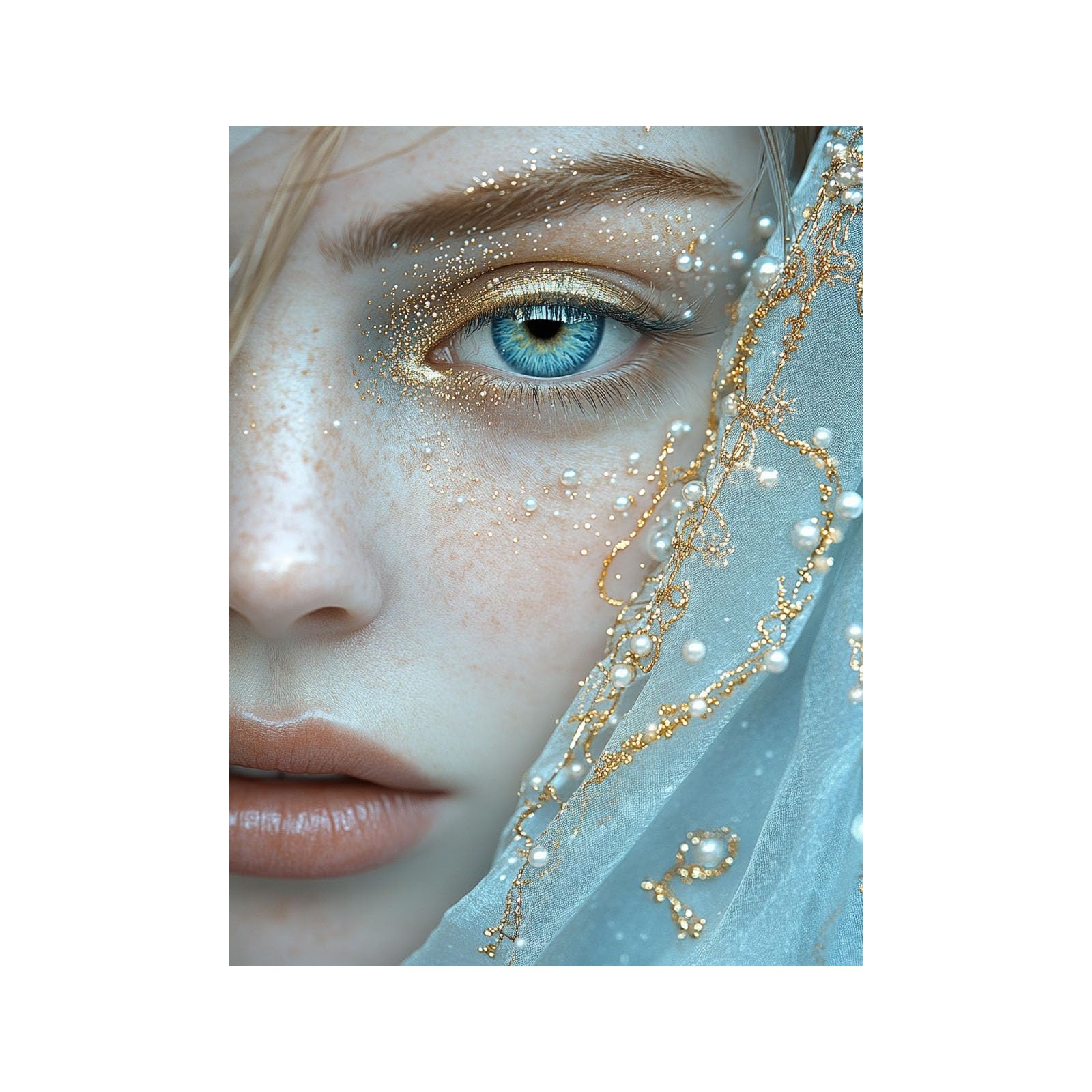 TERUEA Vintage Bathroom Wall Art - Woman with Blue Eyes Pearl Veil and Gold Glitter Vintage Humor Wall Poster for Bathroom Toilet Decor(Blue)-80x120cm Unframed