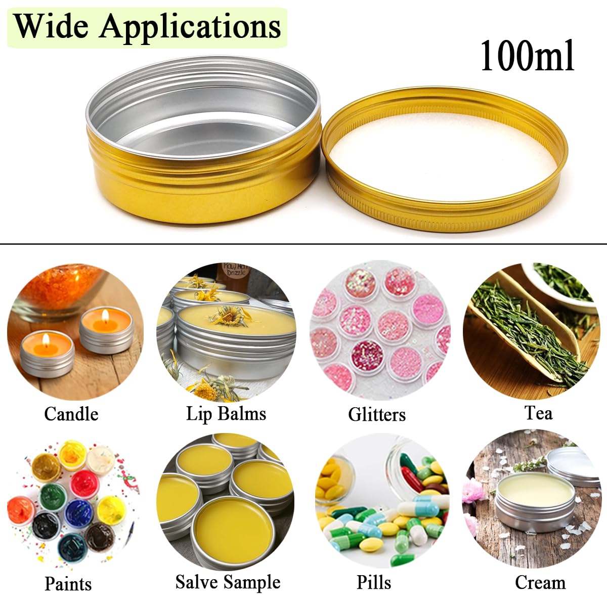 Lot de 6 bocaux en aluminium de 100 ml, contenants vides pour échantillons de voyage de 100 g avec couvercle à vis, boîtes en métal doré de 100 g pour DIY, baumes à lèvres, crème de visage