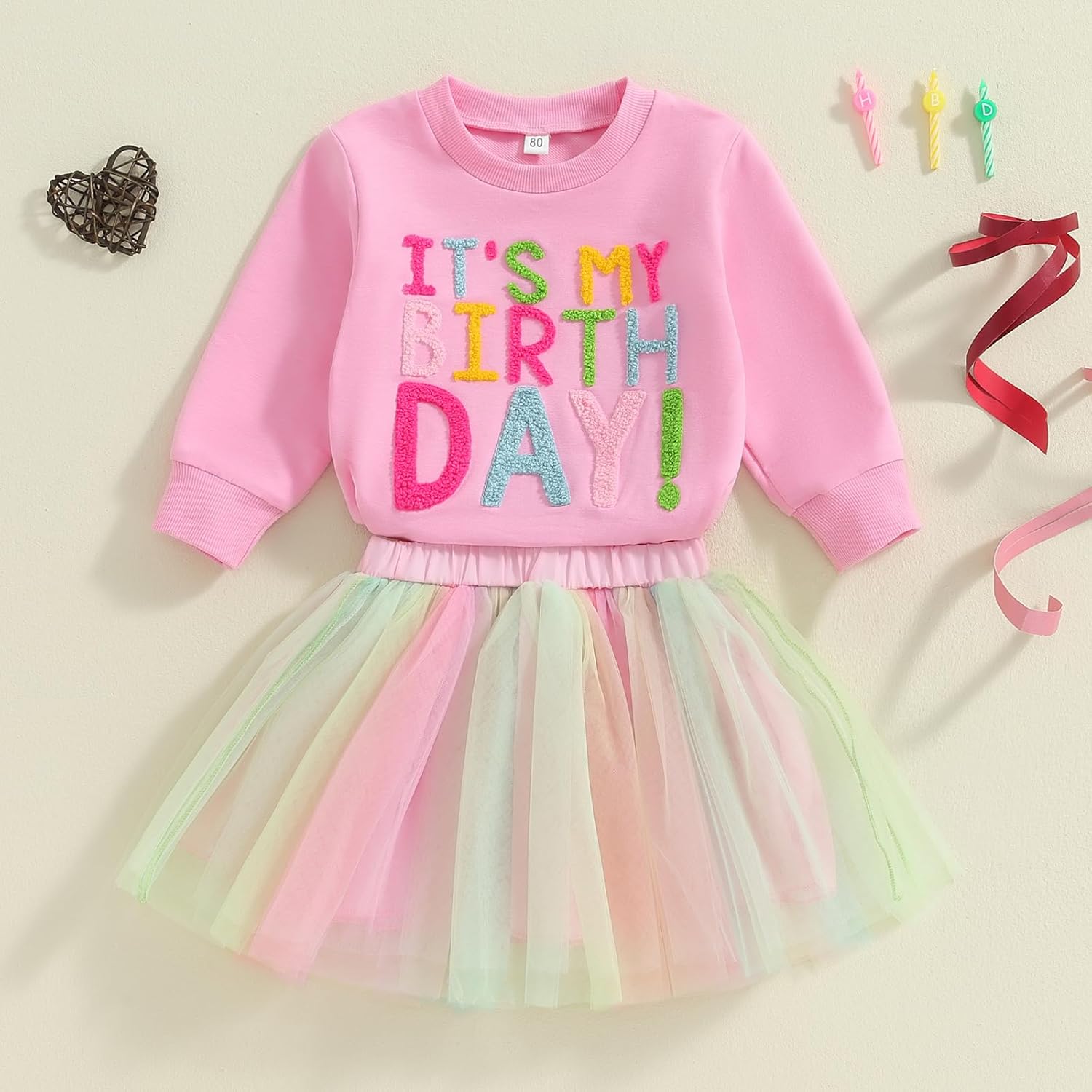 Toddler Baby Girls Birthday Outfits Birthday Girl Embroidery Letter Sweatshirt Tops+Rainbow Tutu Skirt Fall Clothes - Image 2