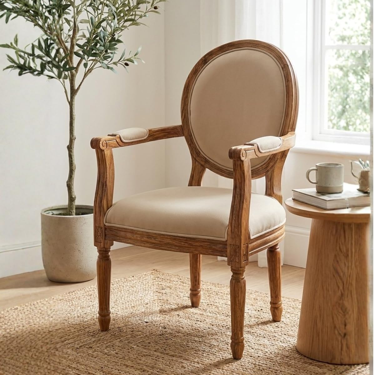Creative Spaces Handcrafted Solid Mango Wood French-Style Dining Chair – Round Upholstered Back & Armrests – Vintage Accent Chair for Living & Dining Room-image-47