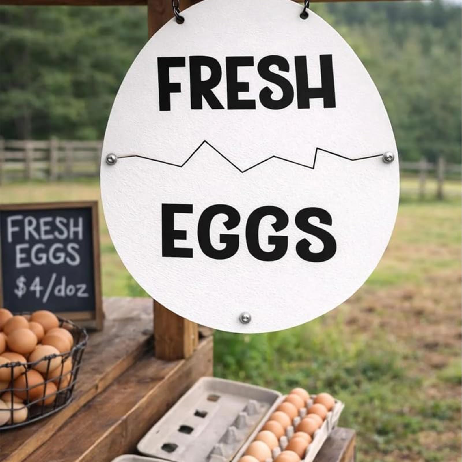 genérico Letrero metálico de Huevos Frescos de Granja: decoración rústica de gallinero, Silueta de cáscara de Huevo Agrietada con “Huevos” “Frescos” y yema humorística “AGOTADA” (All)