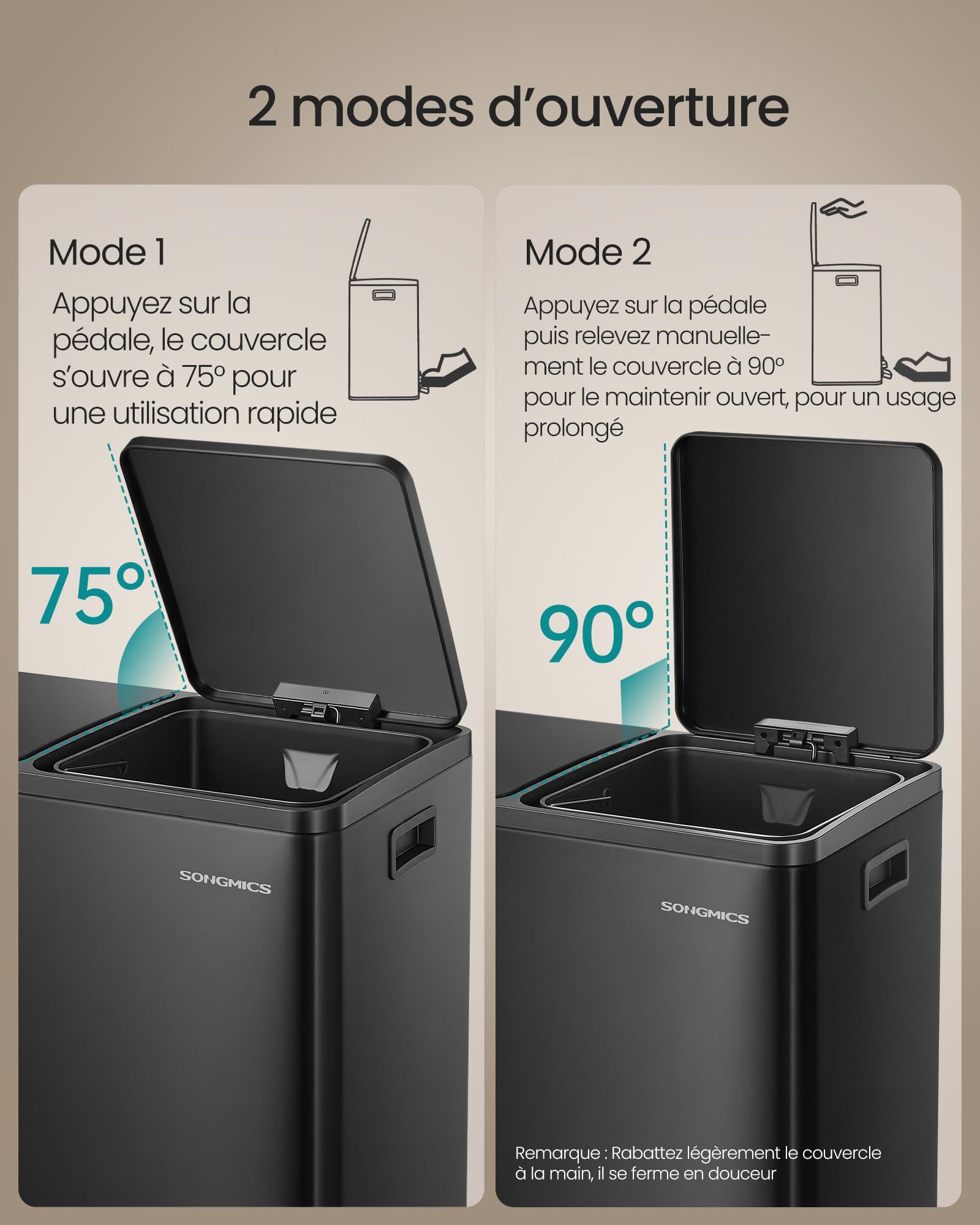 SONGMICS Poubelle de Cuisine 2 x 30 L, Corbeille de Tri 2 Compartiments, avec 15 Sacs Poubelle, Seaux Amovibles, avec Couvercle, Poignées, Fermeture en Douceur, en Acier, Noir d'Encre LTB160BZ02