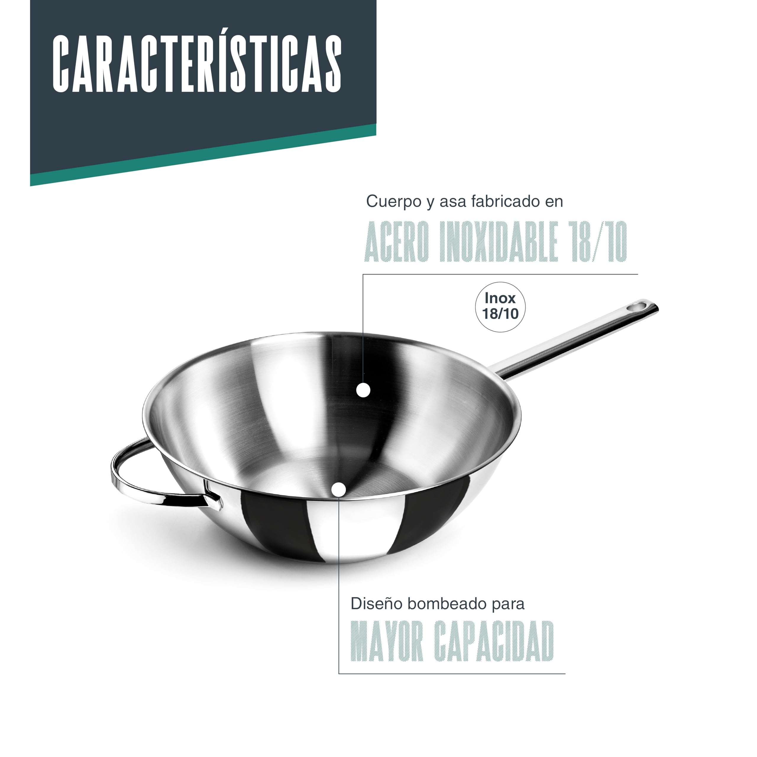 Lacor - 79830 - Wok Belly, Acero Inoxidable 18/10, Ø 30cm, 4,50 litros, Apto para inducción, Fondo Sándwich, Apto para horno, Apto para lavavajillas