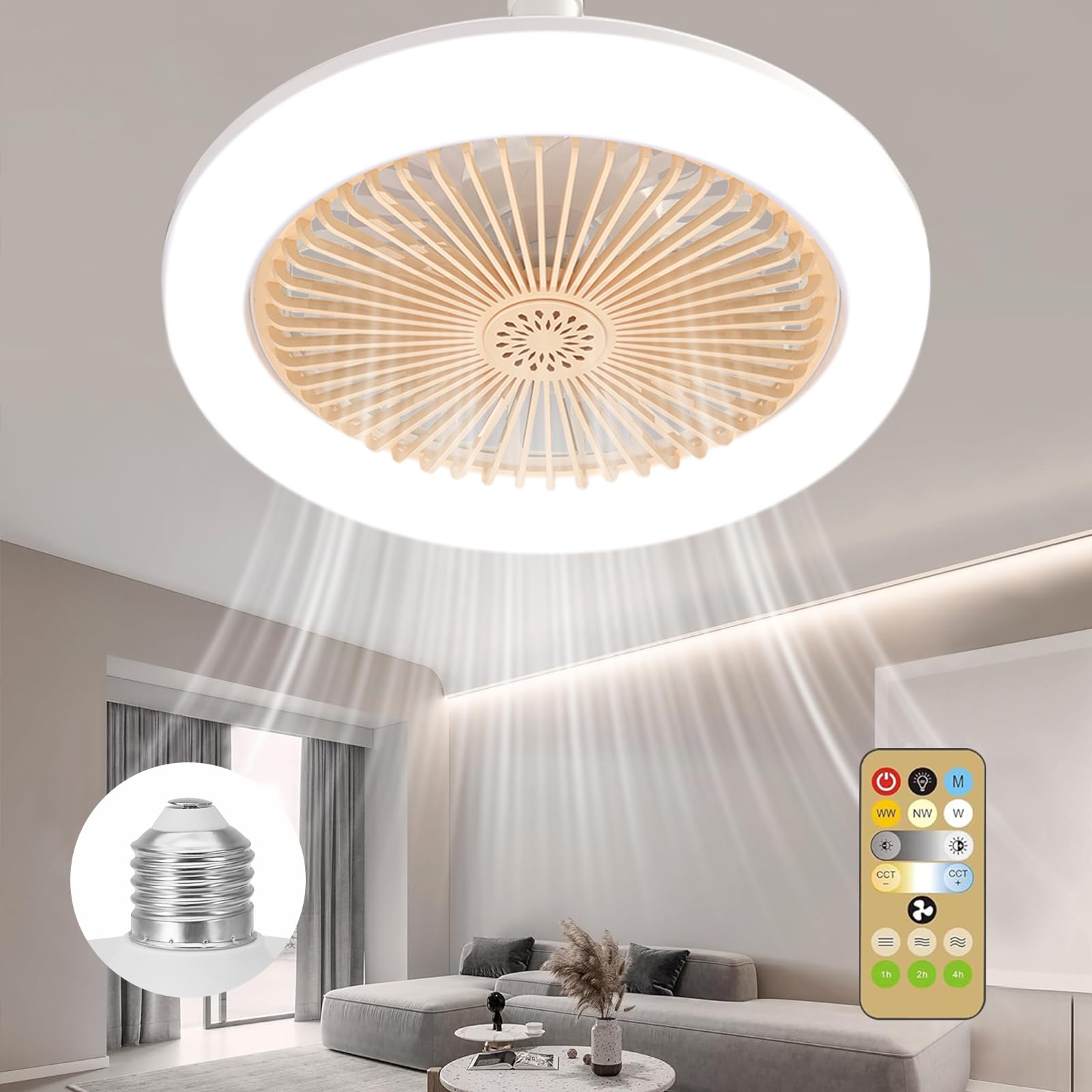 Azazaza Ceiling Fan with Lights, E27 50W LED Fan Lamp, 3 Speeds, 3 Colors, RC 1/2/4H Timing, Modern for Bedroom, Living Room, Dorm (Beige) [Energy Class A]