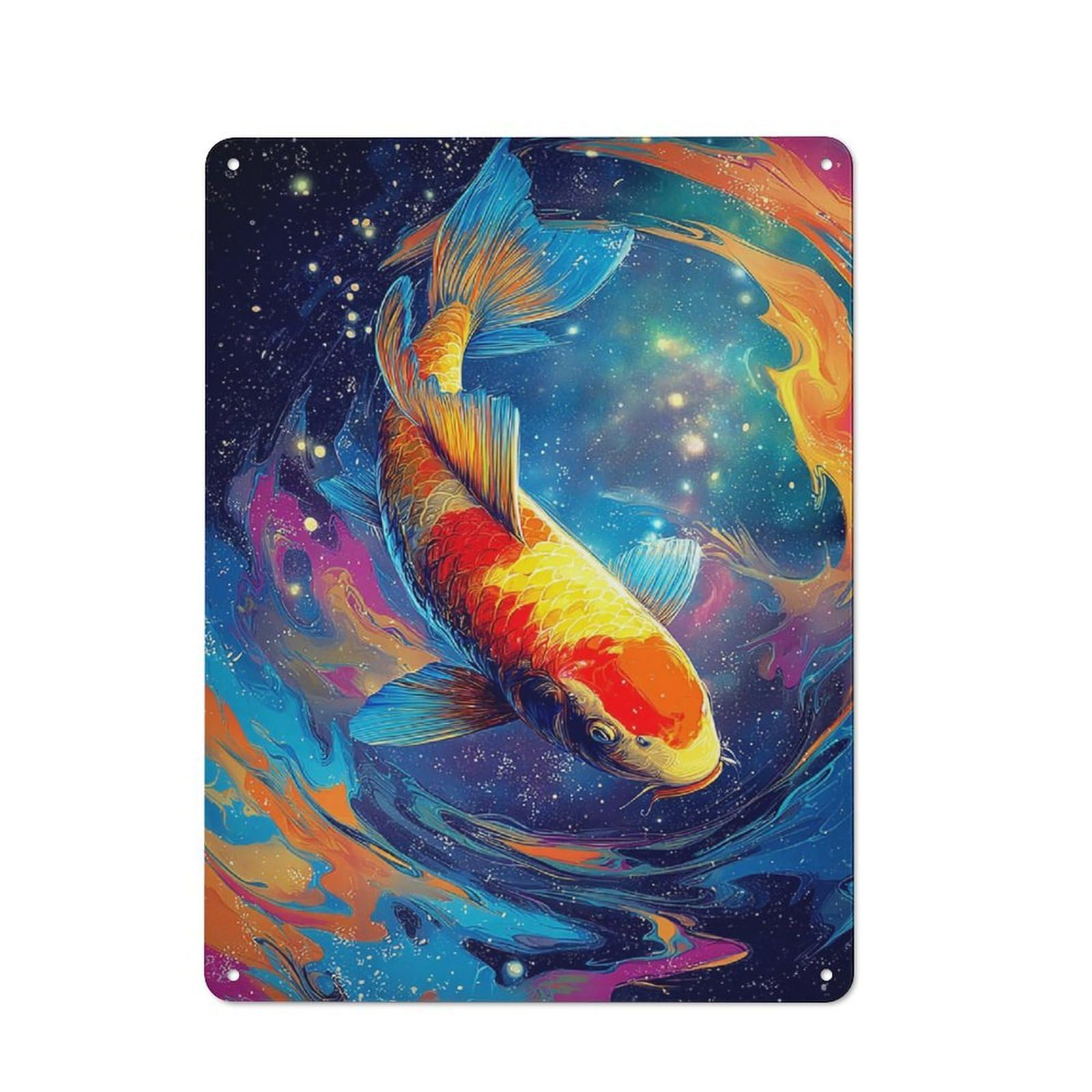 Junmoney Colorful Koi Fish In Cosmic Water -1 Vintage Metal Sign 40X30cm For Dining Room Or Kitchen, Suited To Home Decor Collectors
