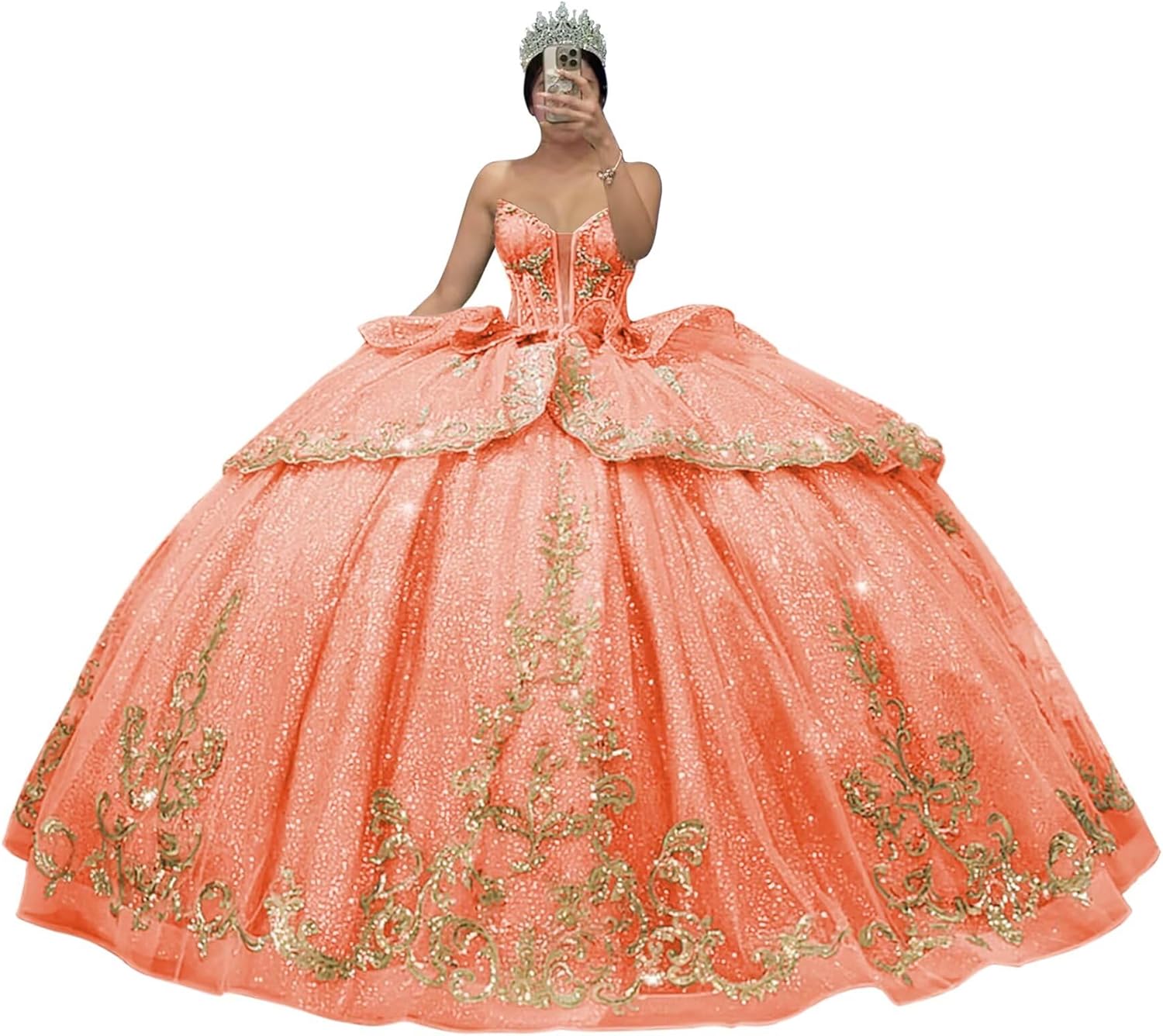 Youjiayi Glitter Gold Applique Quinceanera Dresses with Bow Tiered Tulle Sweet 16 Dress with Train Strapless Sequin Ball Gown