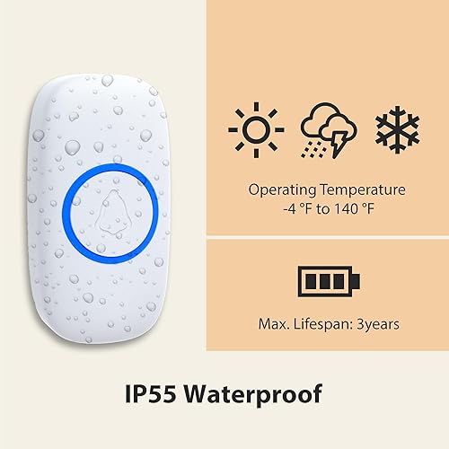 Miniatura 5 de Timbre inalámbrico, impermeable, 4 volúmenes ajustables, 32 melodías, flash LED colorido, rango de 500 pies, fácil instalación, blanco