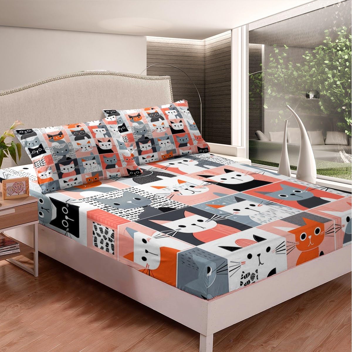 Erosebridal Cat Checkered Fitted Sheet Full Size Girls Cartoon Cat Bed Sheets,Funny Animal Printed Bedding Buffalo Plaid Bed Cover Kids Orange Grey Home Decor,Soft 3 Piece for All Season