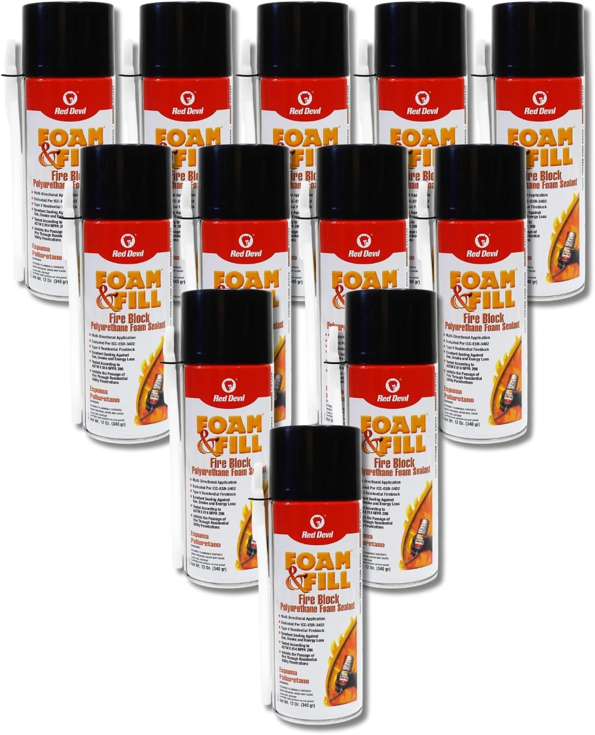 Red Devil 091512 Foam & Fill Fire Block Expanding Polyurethane Foam Sealant, 12 oz, Orange, 12 Pack