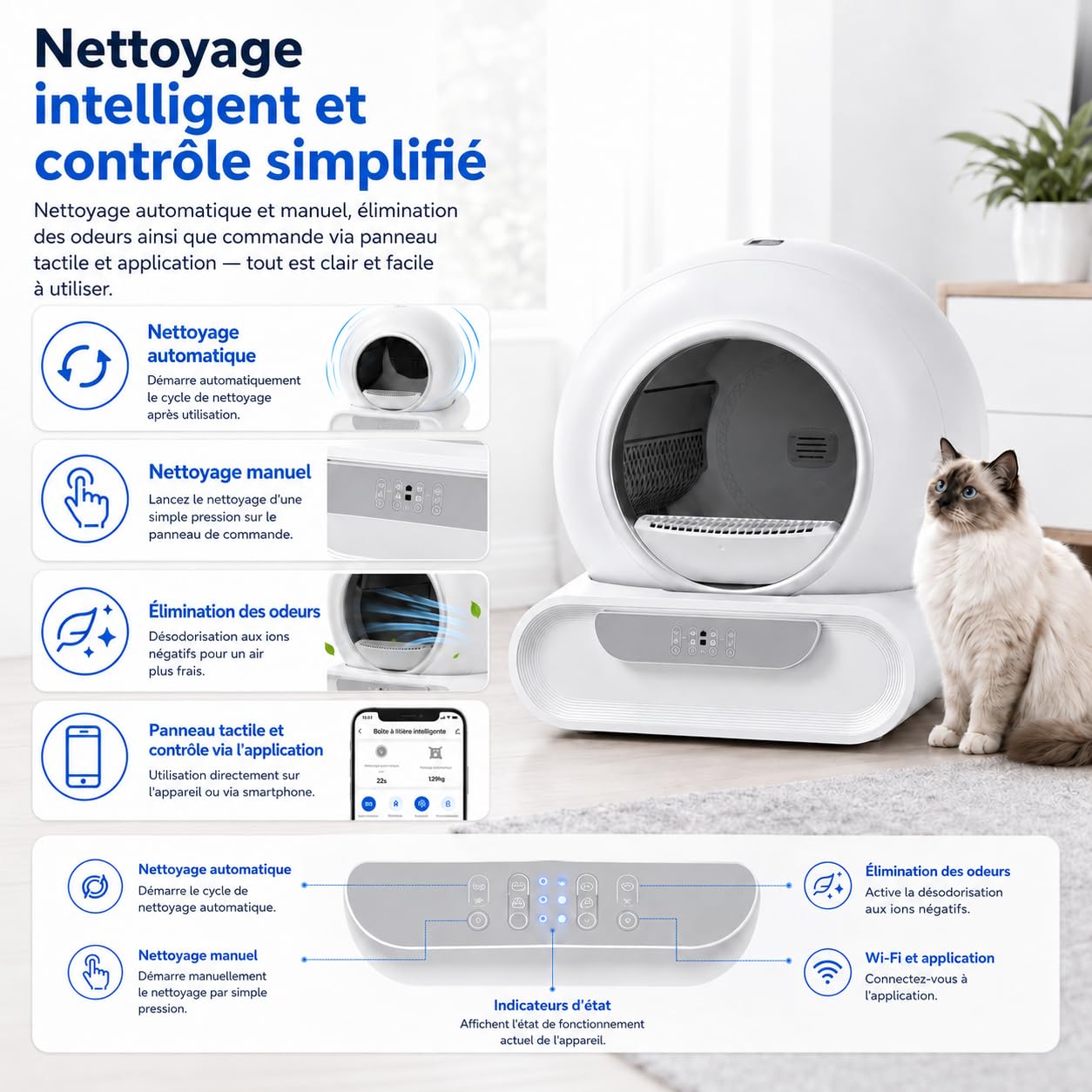 Litière Chat Automatique Autonettoyante XXL 65L, Contrôle par Application WiFi 2,4 GHz, Bac à Déchets 9L, Gestion Multi-Chats, Surveillance du Poids et de l’Utilisation, pour Chats 1 à 8 kg