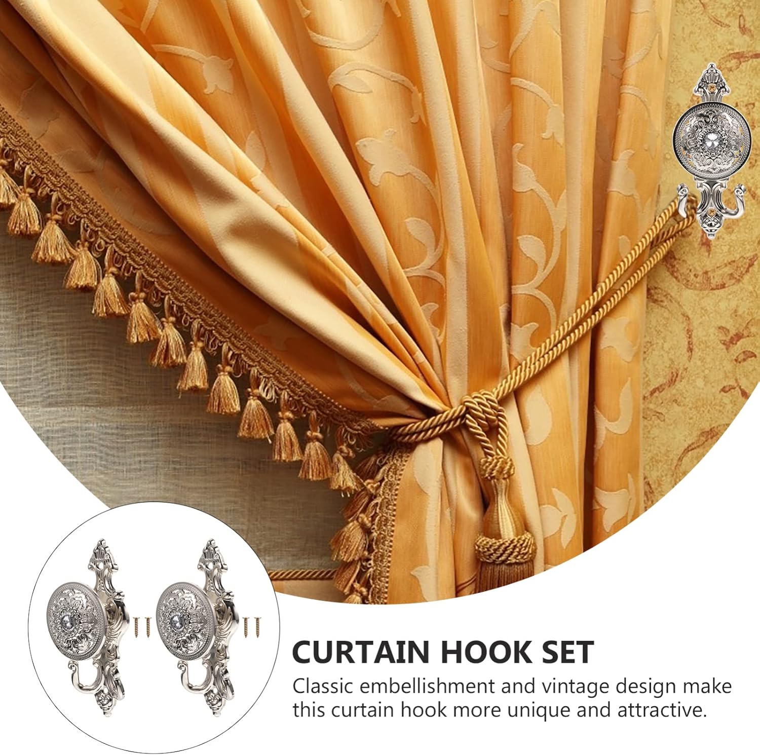 Beavorty Rhinestone Curtain Holdback Hooks Set 2Pcs Silver Wall Mounted Drapery Tieback for Window Treatment and Home D Cor 6X2X2 Inches