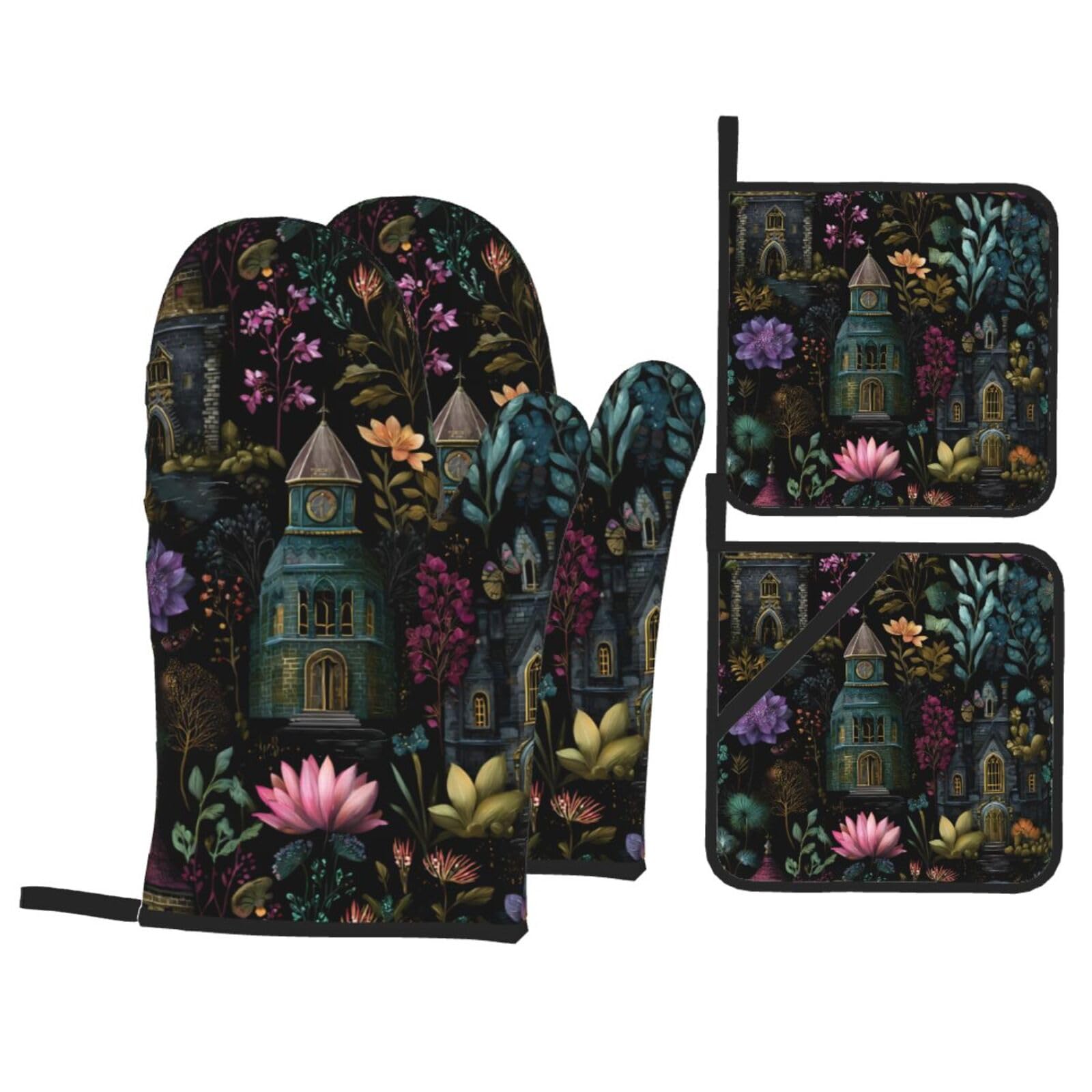 HJFCZH Gothic Fairy Garden Picture Kitchen Baking Set of 4 Thick Insulated Oven Mitt & Pot Holders, Anti-Scalding for Microwave, Oven, Outdoor BBQ