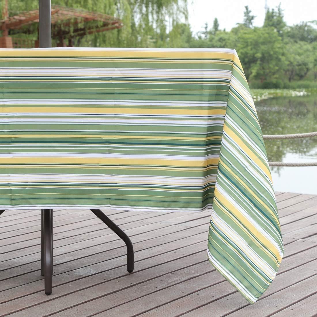 Eternal Beauty 152x213cm Recatngle Green & Yellow Stripe Indoor Outdoor Splashproof Tablecloth with Umbrella Hole and Zipper for Patio Garden Party and BBQ (60x84 Inch) - Image 5