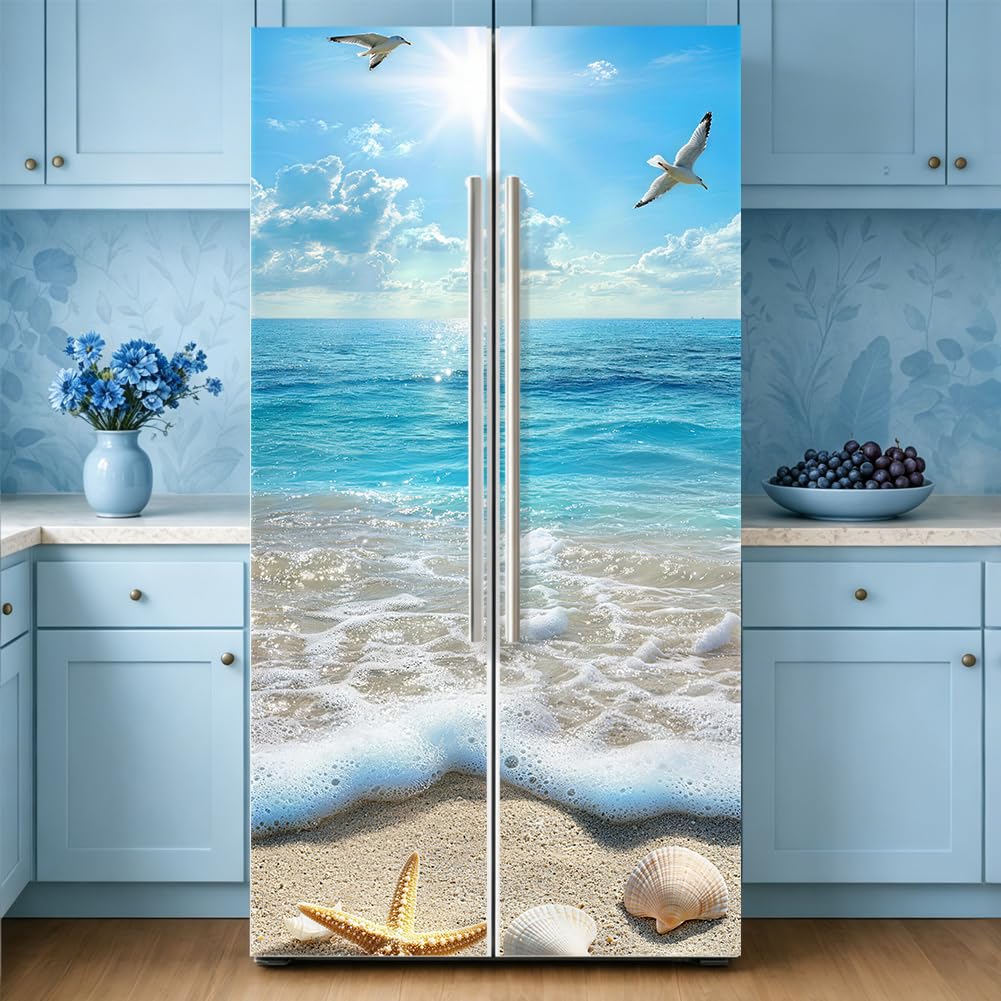 2 fogli Adesivi per Porta Frigorifero Tema Spiaggia Oceano Decorazione Murale Rimovibile Adesivo per Porta Frigorifero Modello Stella di Mare 3D per Casa Cucina Bar
