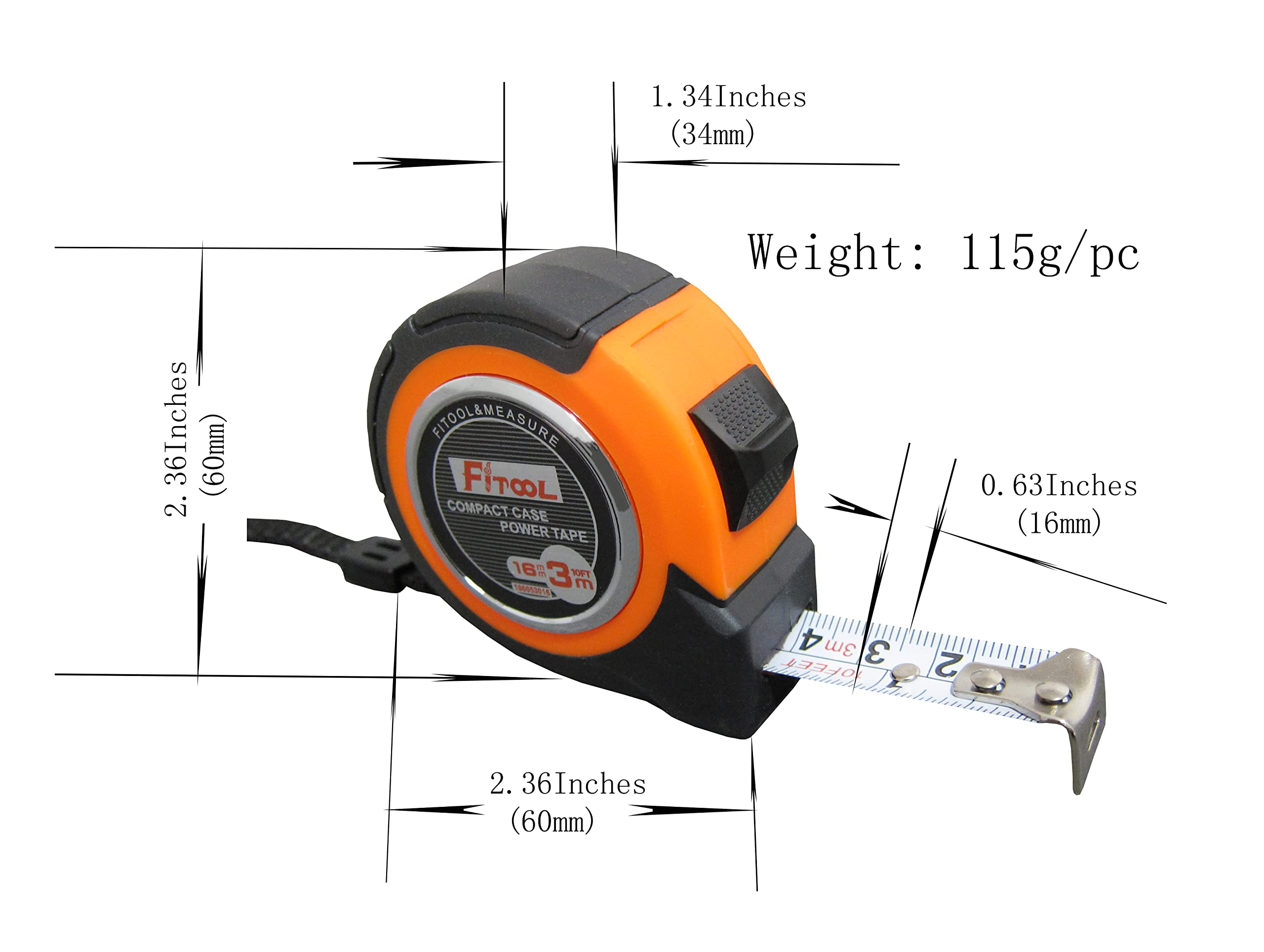 3-Pack Compact Case Quality Steel Tape Measure, Metric and Inches, Shock Proof ABS Case with Soft Rubber Coating Grip, for Construction, Surveyor's Measuring Tape 3M/10FT