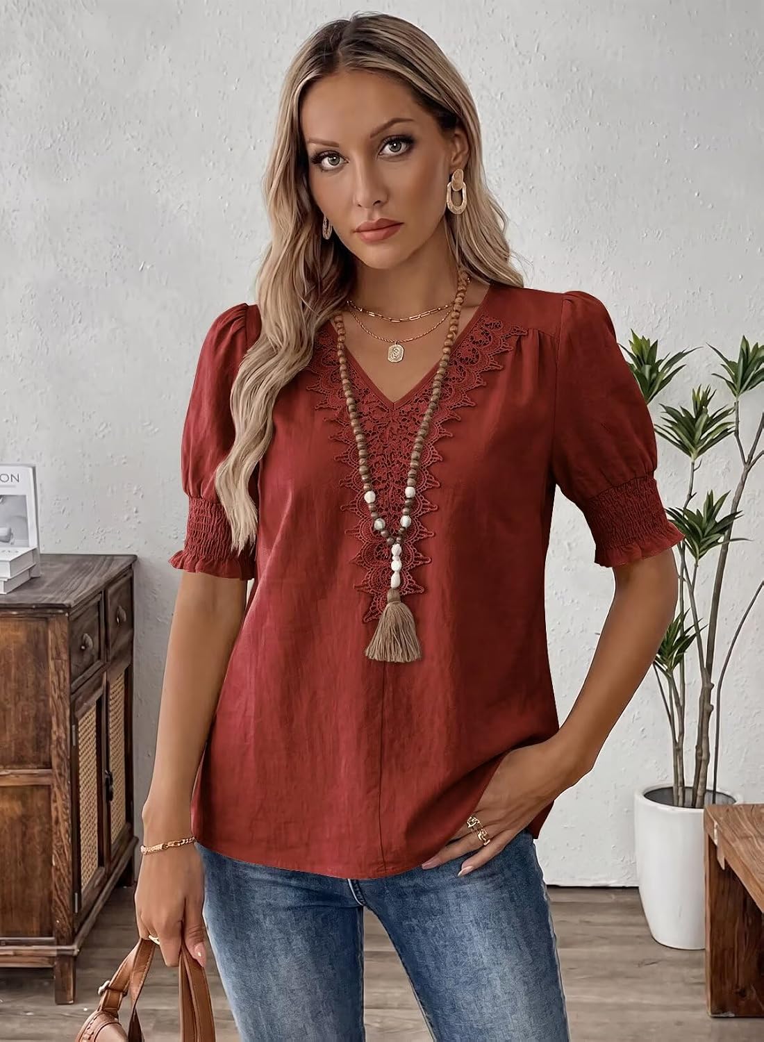 Falechay Womens Summer Tops Short Sleeve Shirts V Neck Lace Casual Loose Fit Blouses Boho Flowy Clothing Trendy 2026