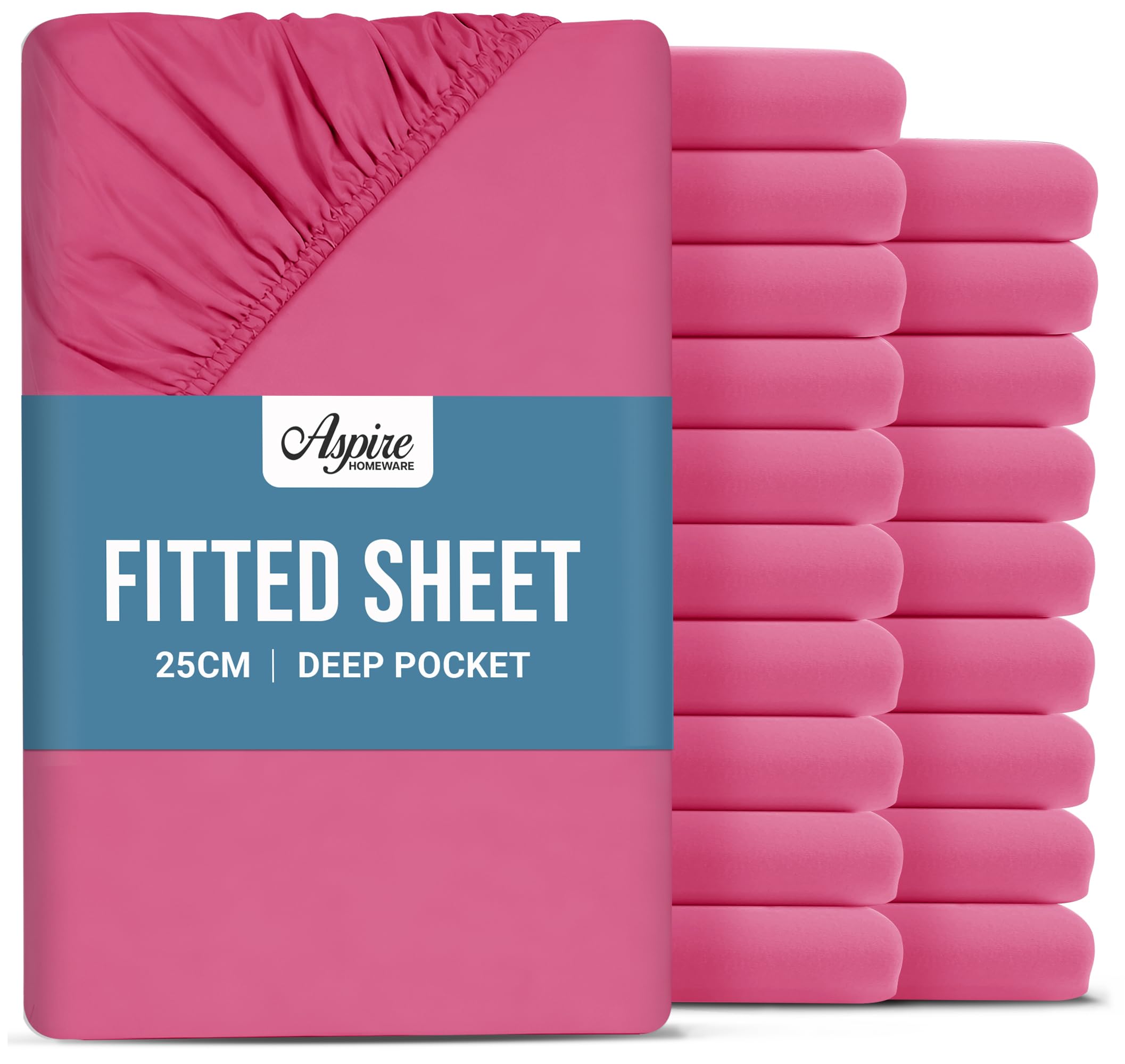 Aspire Homeware Double Fitted Sheet 20 Pack - 25 cm Deep Hotel Quality (Pink) Bed Sheets - Soft & Breathable Fitted Bed Sheets Double - Anti-Wrinkle Easy Care Fitted Sheets
