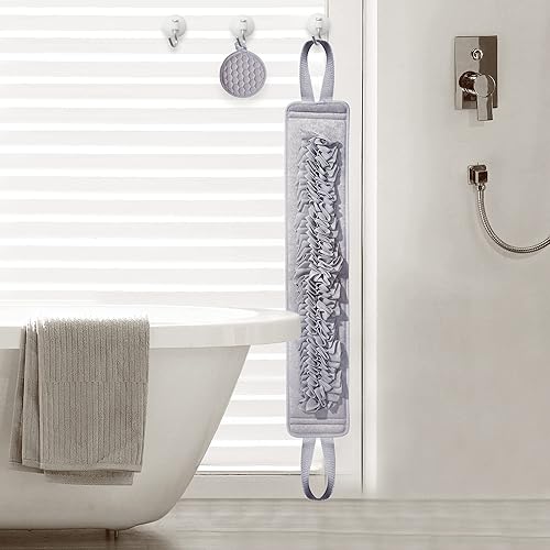Miniatura 9 de Juego de 2 esponjas para la espalda de lufa de 40.5 pulgadas con almohadilla de esponja para mujeres y hombres, gris y beige