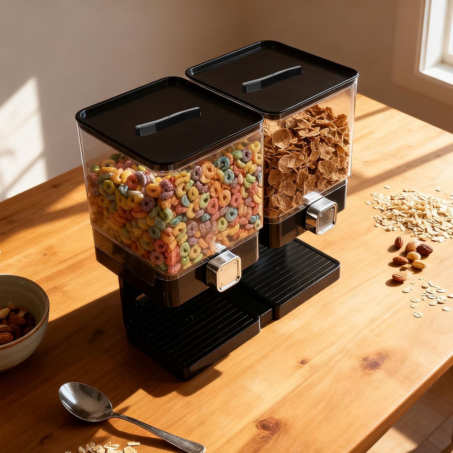 2PCS 3.7l Rice Airtight Storage Container, Pet Cereal Containers Rotating Knob Versatile Food Storage Dispenser for Nuts, Candy, Cookies, Crackers, Small Snacks,Home (Black)