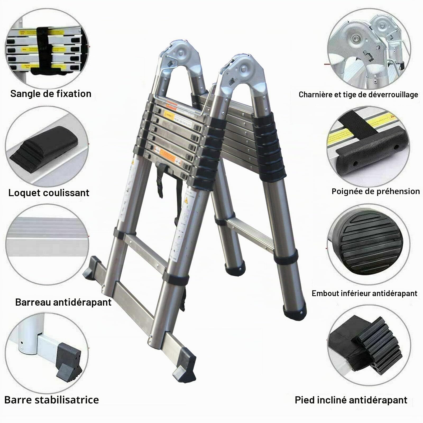 Échelle télescopique de 5m - Antidérapante Echelle Pliante 2 en 1 Echelle Escamotable - Fabriquée en acier Echelle Télescopique Double Plan - charge 150kg - Échelle Escabeau Télescopique(2,5+2,5m)