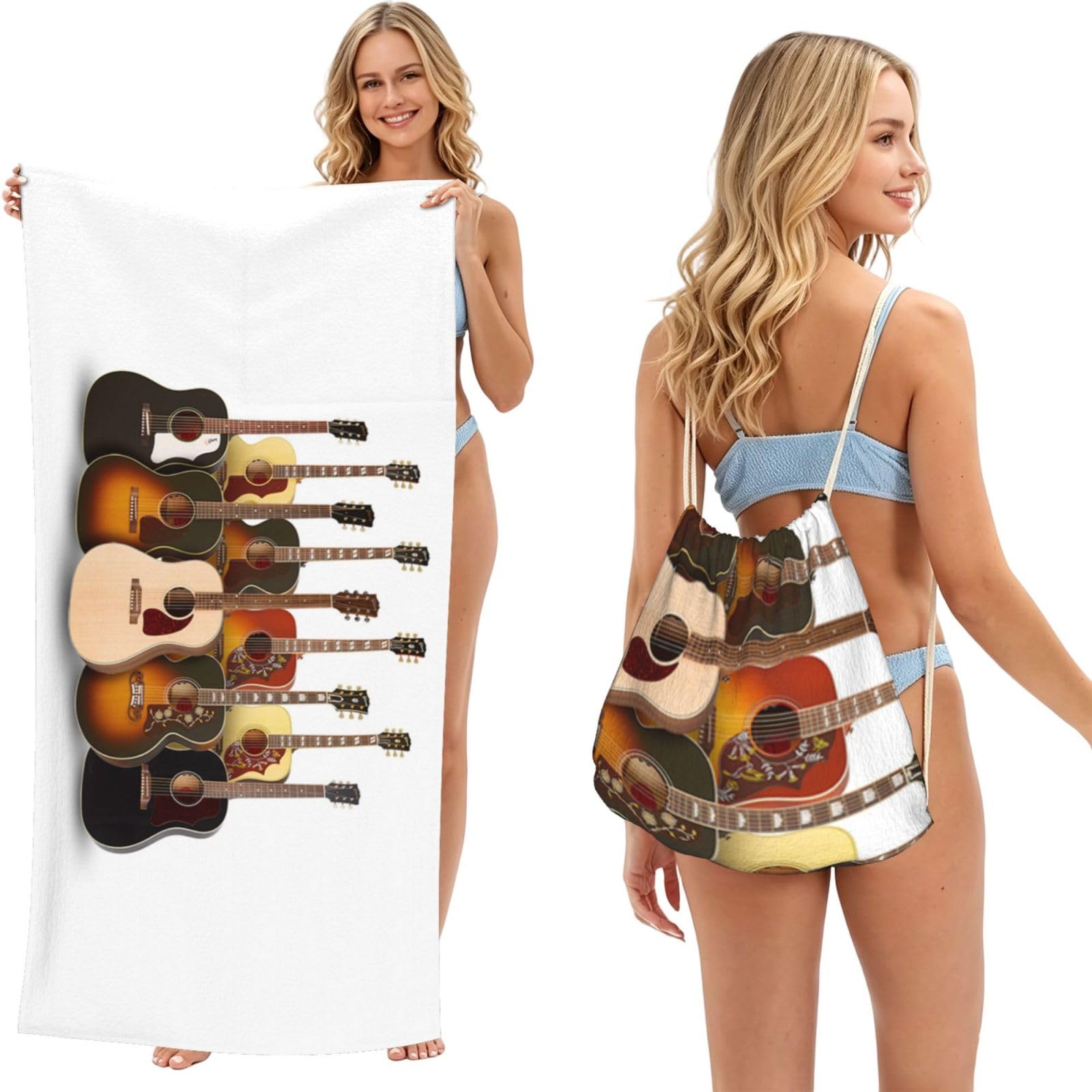 WSHFFILO Guitar printed 2 in 1 Packable Towel Bag Bath Towel Beach Towel
