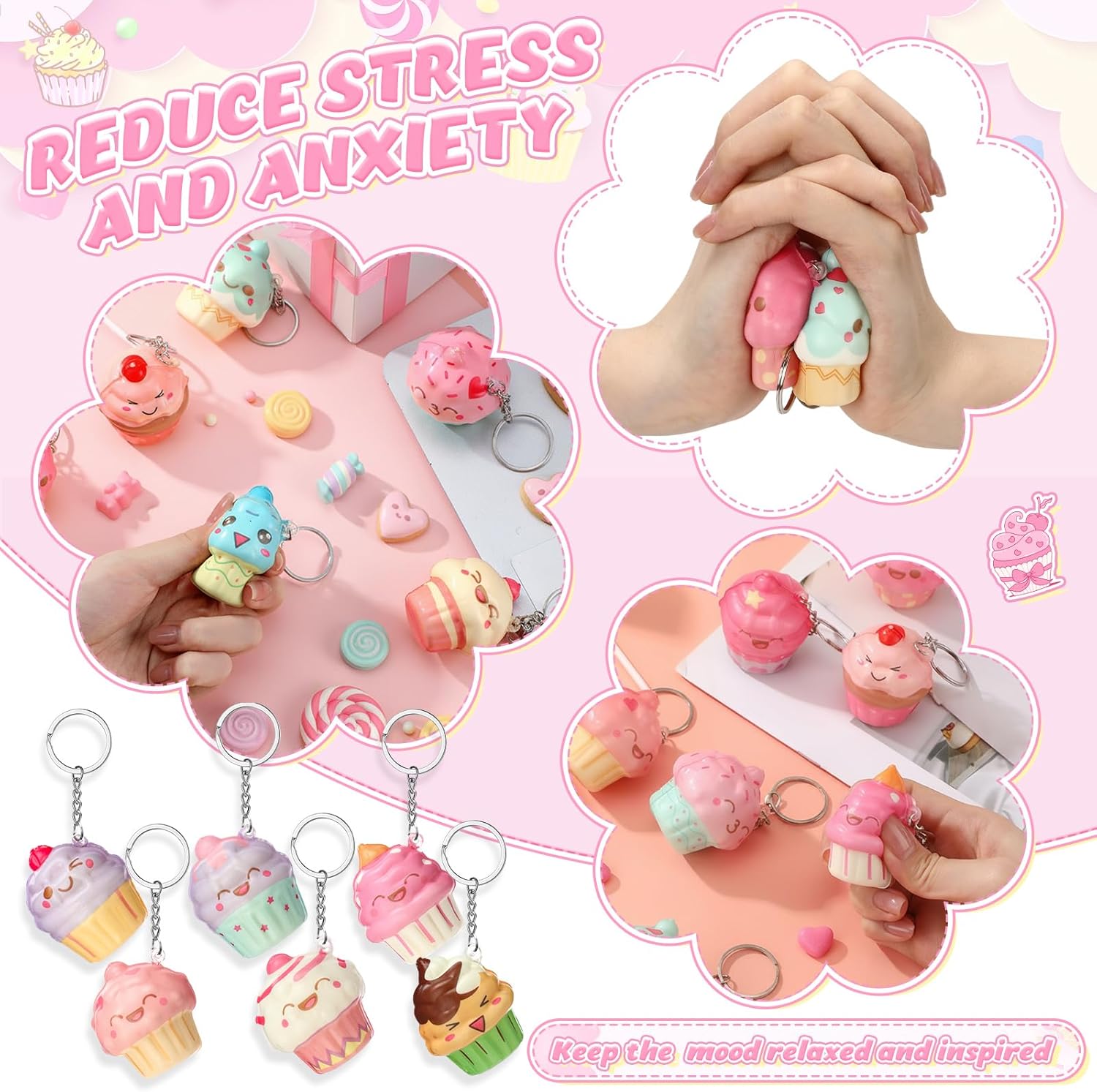 Hollowfly 24 Pcs Cupcake Stress Balls Keychains Charms Bulk Cute Birthday Cake Squeeze Stress Relief Keychains for Employee Coworker Staff Team Birthday Party Favors