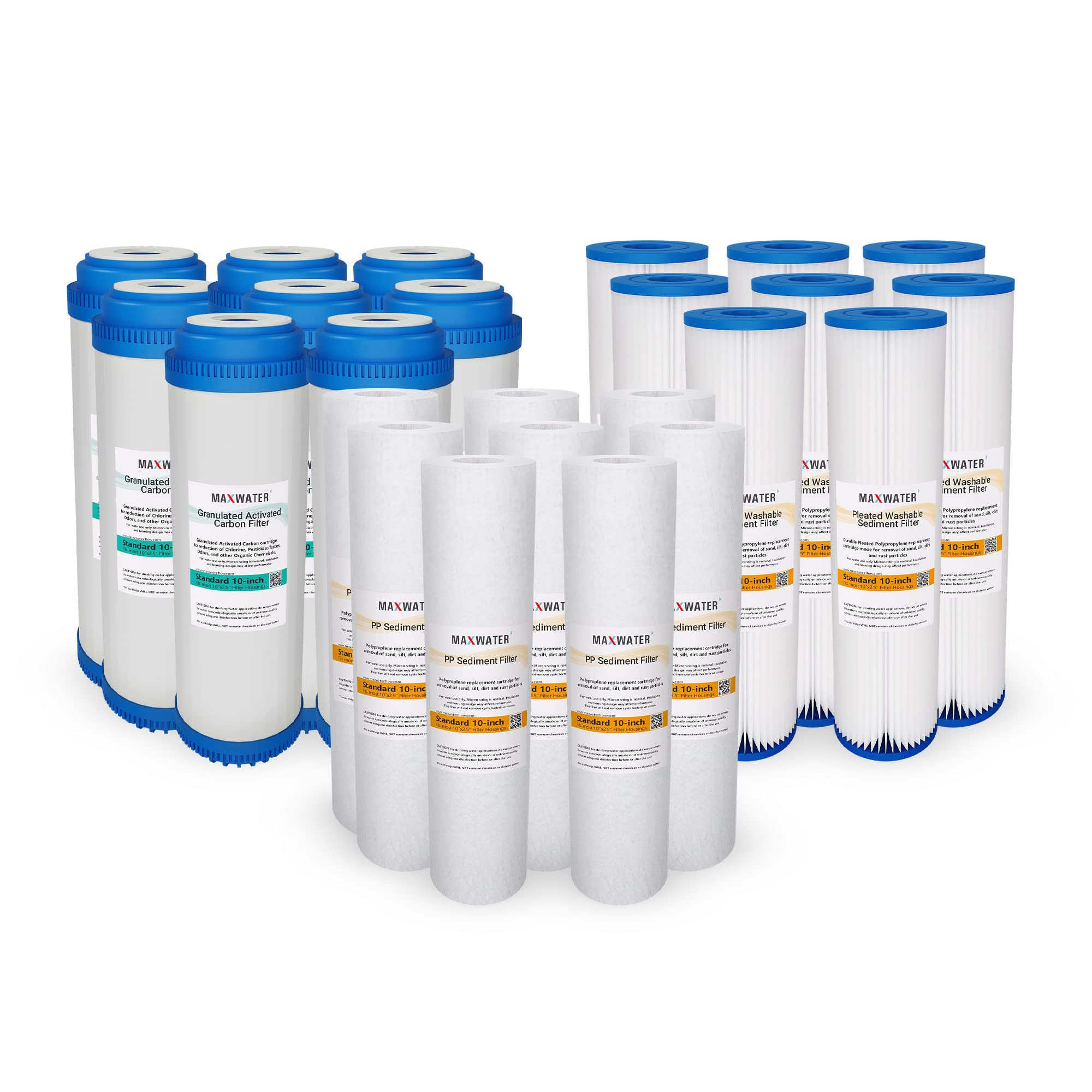 (24 Pack) Whole House Well Water Pleated, Polypropylene Sediment, GAC Coconut Shell Carbon Water Filters for Standard Whole House Filtration Systems Cottage/Well Water