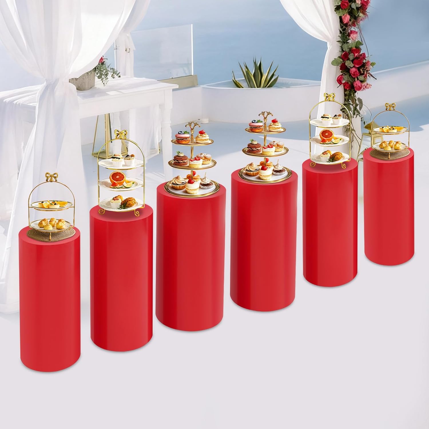 Eapmic Pedestal Stands for Party, Cake Pedestal Stand, Dessert Table Display Plinth Pillars, Sculpture Display Column Decoration Cube for Wedding Birthday (Red, Cylinder-6Pcs(27.56"+26"+23.62"))
