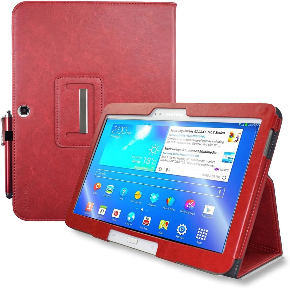 Kuesn for 10.1 inch Samsung Galaxy Tab 3 10.1 GT-P5200 P5210 P5220 Tablet Folio Flip Book Cover Case with Magnet Closured (Red)
