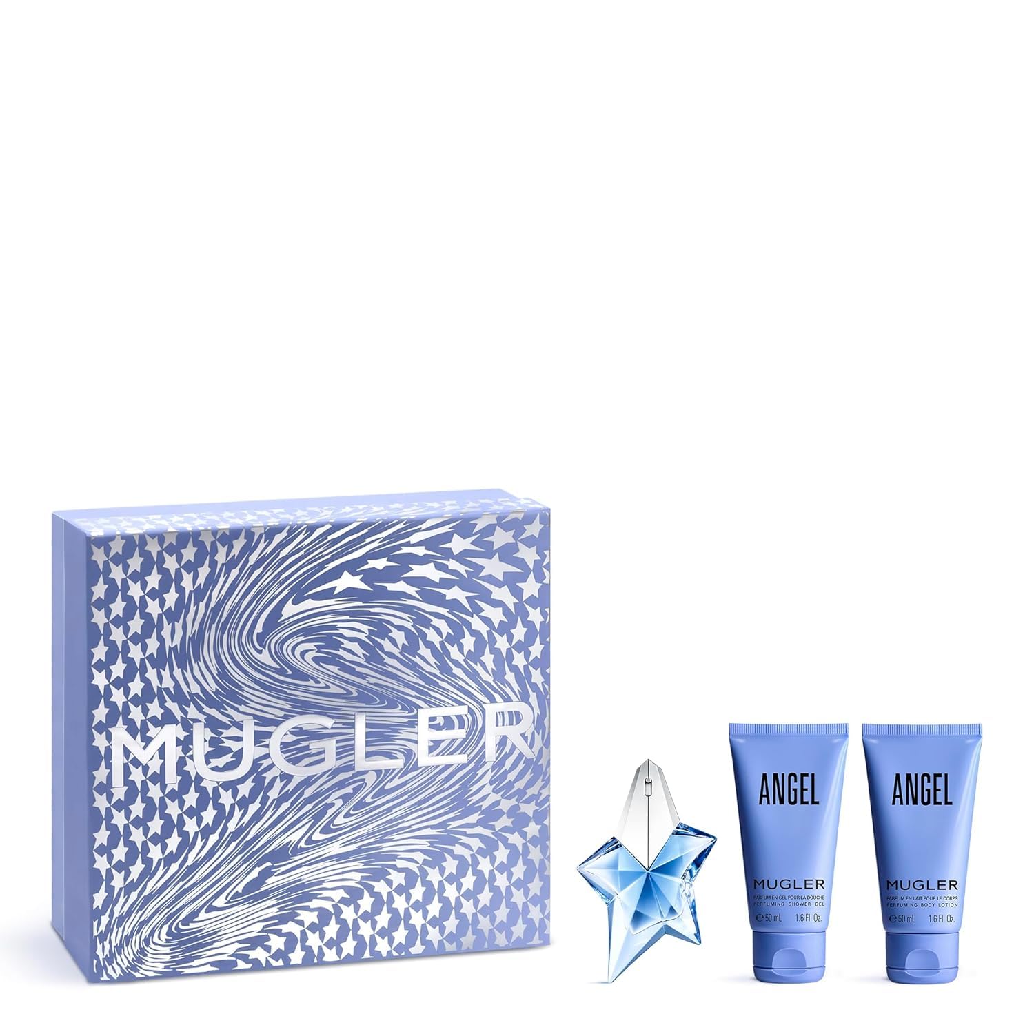 Mugler Angel Set, Eau de Parfum 25 ml + Körpermilch 50 ml + Parfümierendes Duschgel 50 ml, Damen-Parfum, Amberartiger Gourmand-Duft, Faszinierender Duft