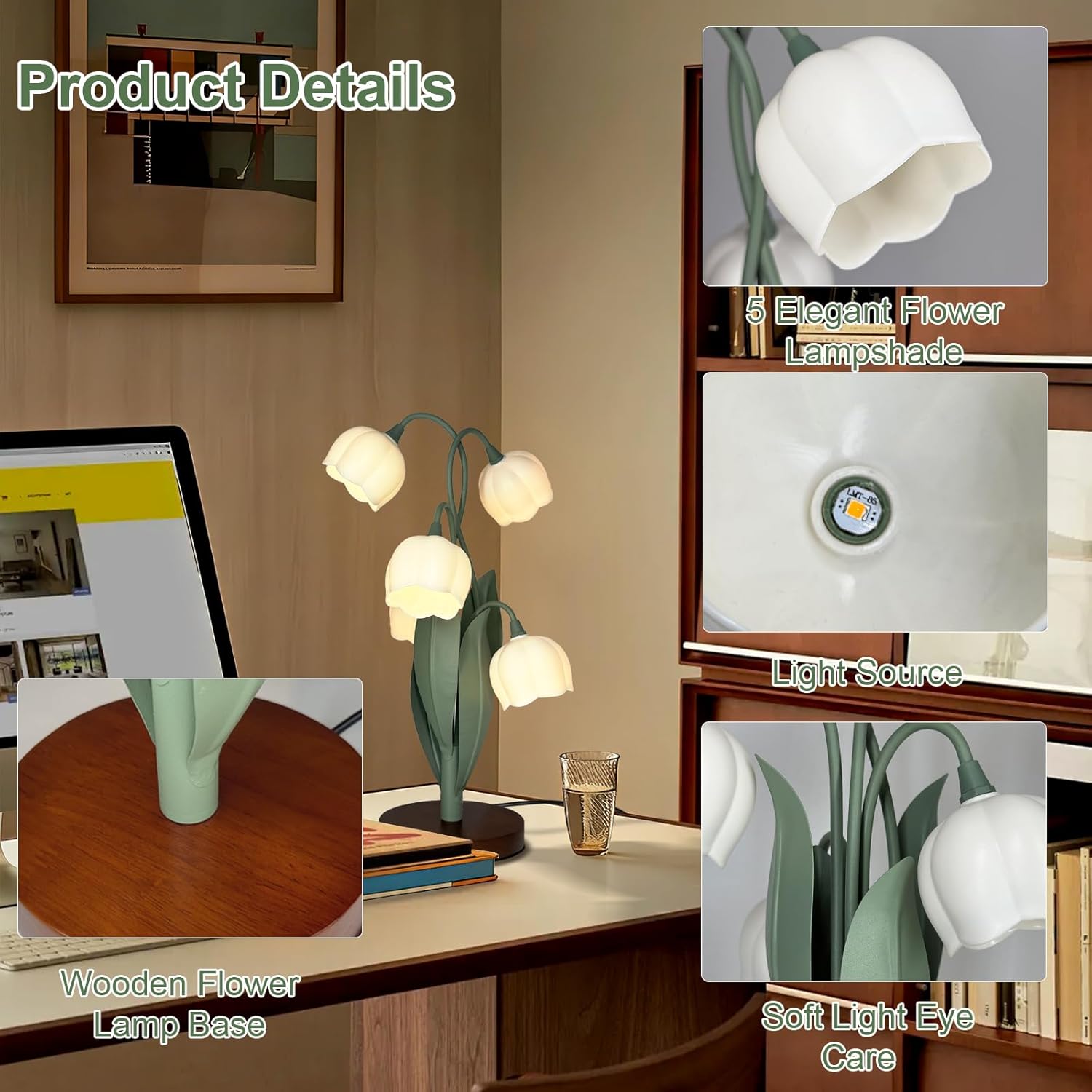 Flower Table Lamp for Bedroom, Cute Flower Reading Light with 5 White Lily of The Valley, Desk Lamp Bedside Lamps for Nightstands Home Decor,Soft Reading Night Light for Bedroom Living Room Office