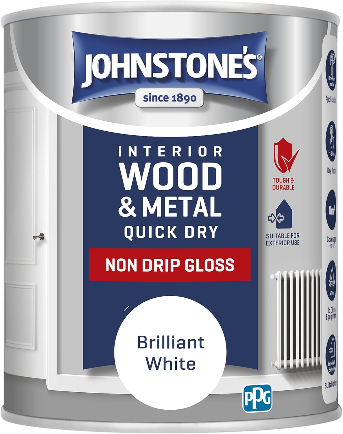 Johnstone's - Wood & Metal Paint - Gloss Finish - Brilliant White - 750ml - Water Based - Quick Drying - Radiator Paint - Low Odour - Dry in 1-2 Hours - 8m2 Coverage per Litre