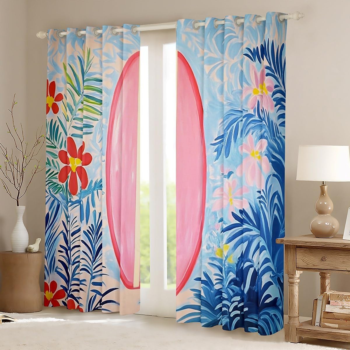 Manfei Pink Surfboard Blackout Curtain Tropical Flower Palm Leaves Window Drapes, Summer Ocean Theme Window Treatments, Kids Girls Room Decor, Grommet Top 2 Panel Set Bedroom Curtains, 38Wx45L inch