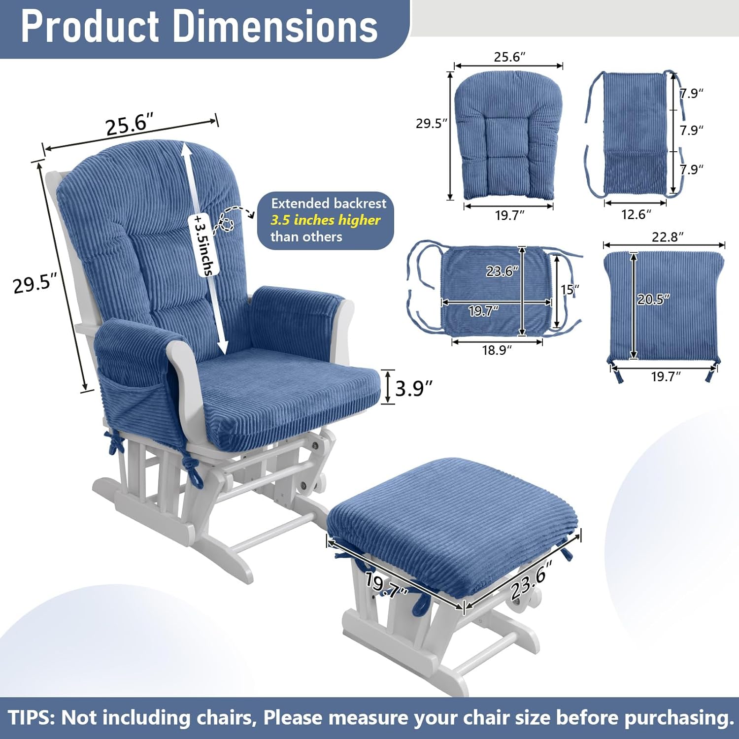 Boshen 5PCS Glider Rocker Replacement Cushions with Storage Side Pockets, Thickened 3.5IN Seat & Supportive Striped Plush Rocking Chair Cushion Set with Ottoman for Indoor Nursery, Blue