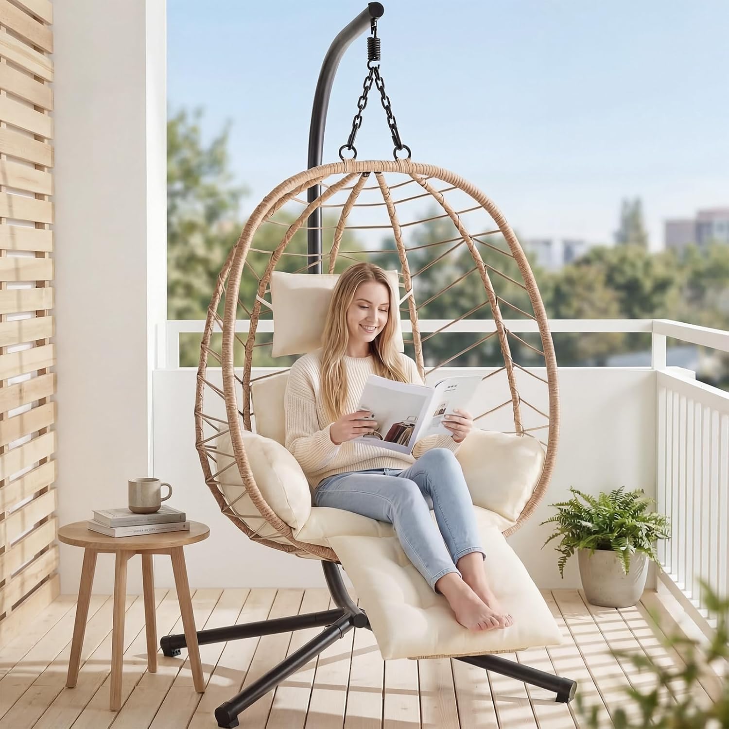 Wicker Egg Chair Outdoor, Hammock Chair with Footrest & Stand, Patio Swing with Cushion & Double Chains, Hanging Aluminum Alloy Steel Frame, 350LBS Capacity for Deck, Balcony, Beige