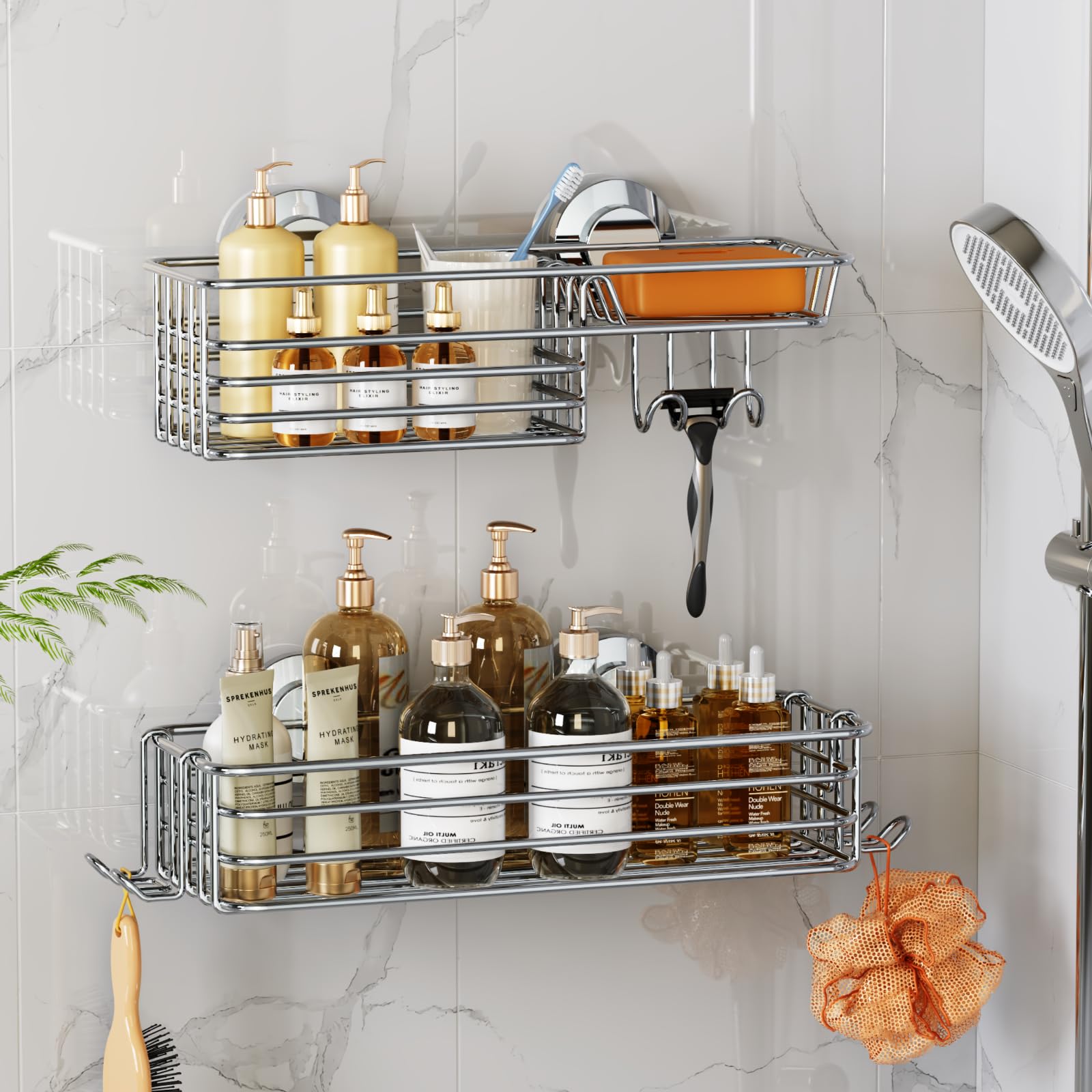 LEVERLOC Shower Caddy Suction Cup Shower Organizer Removable Bathroom Shelf Storage Suction Powerful Max Hold 22lbs Bathroom Caddy