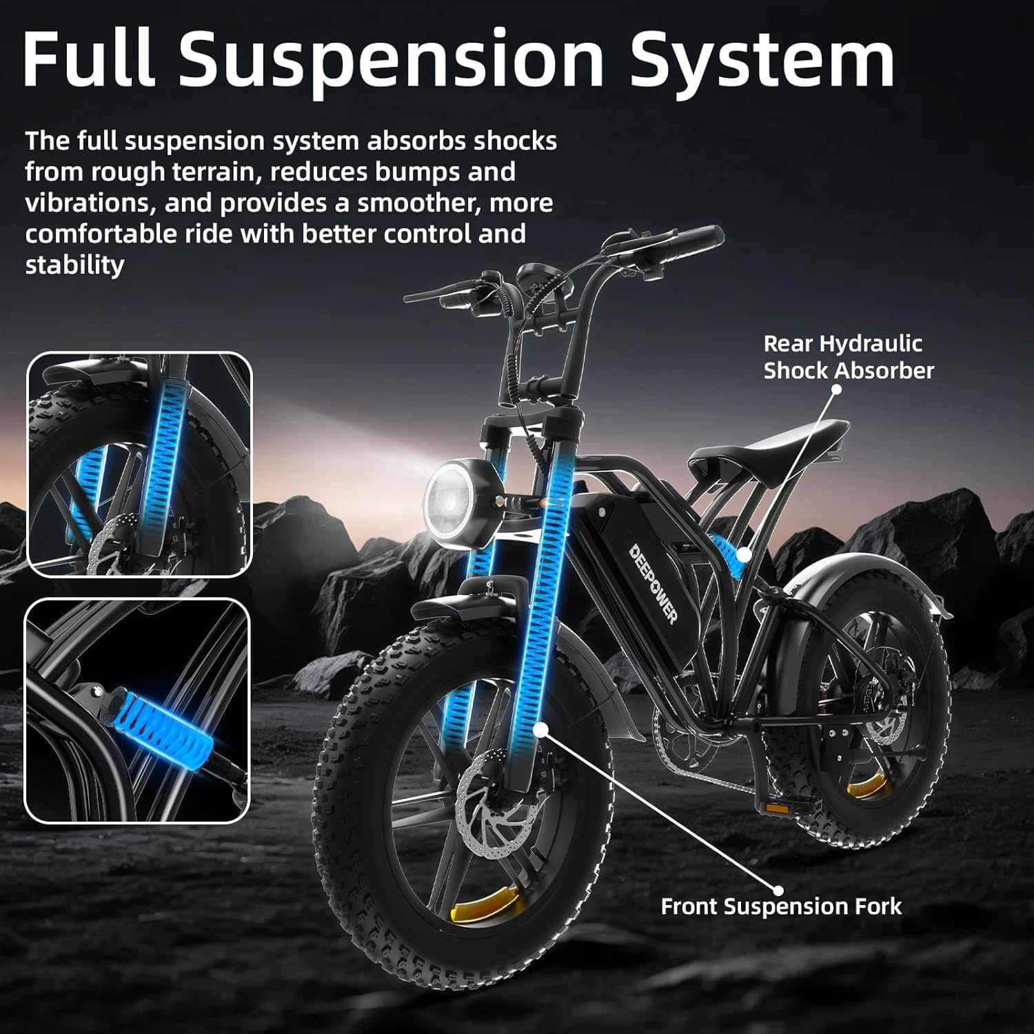 DEEPOWER S20 Electric Bike for Adults, 1500W Peak Motor Ebike, 48V 13/20/25AH Removable Battery, Up to 32MPH, 120+Miles, 20" Fat Tire Electric Motorcycle, All-Terrain Electric Dirt Bike with 7-Speed