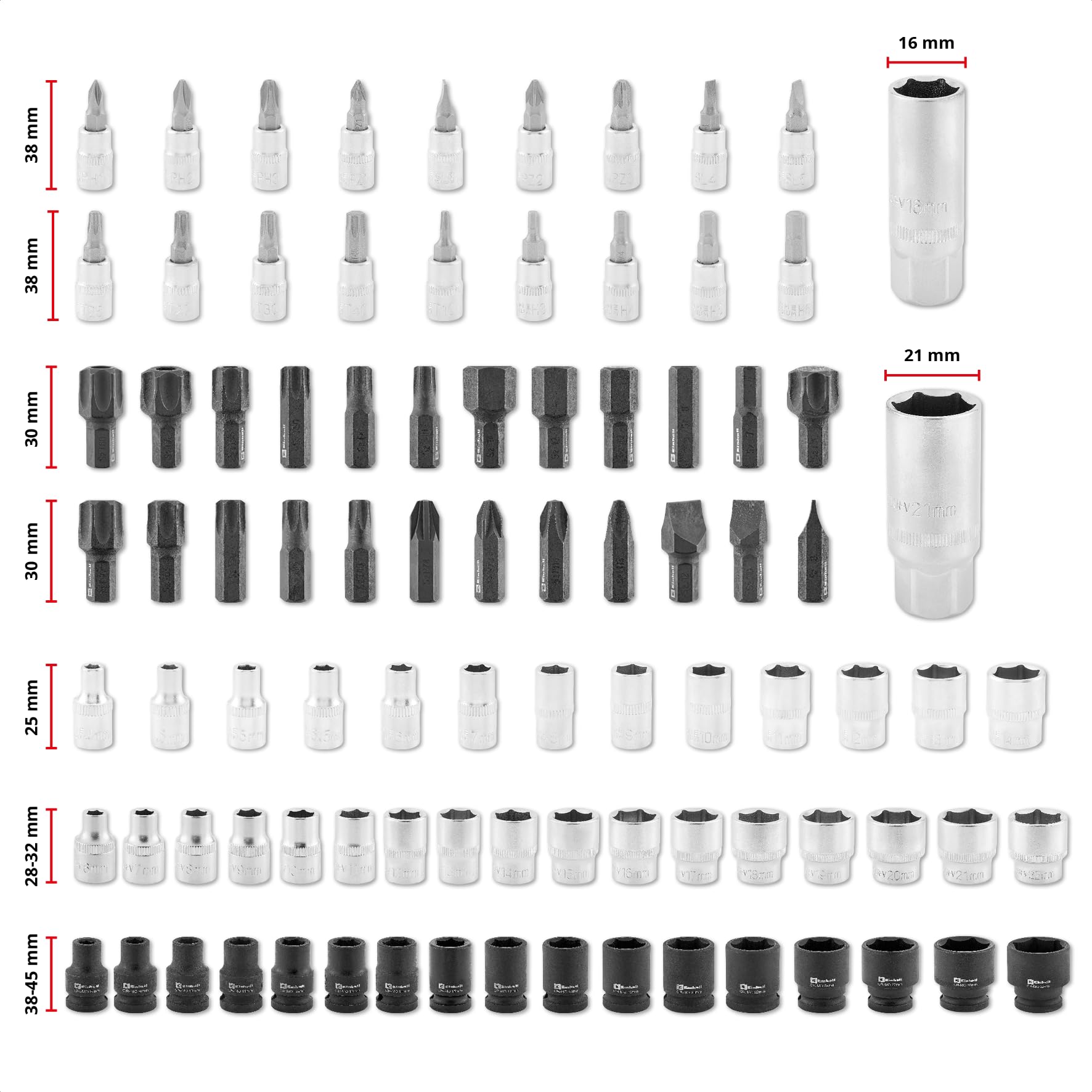 Original Einhell E-Case valigetta attrezzi 121 pezzi auto (professionale auto, set bussole, bussole porta inserti, inserti impact, bussole candele, cricchetti reversibili, valigetta sistema)