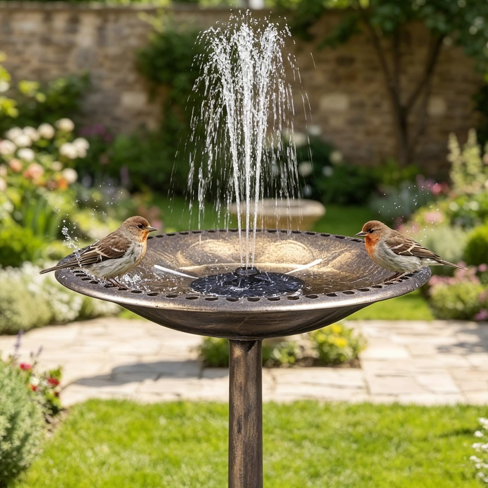 GYMAX Vogeltränke stehend, 2-in-1 Vogelbecken mit Solar-Springbrunnen, Vogelbad Garten mit Blumenkübel & befüllbarem Ständer, Vogelfutterstelle, Futterstation für Balkon & Garten