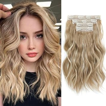 Hair Extensions Clip in 4PCS Clip in Hair Extension 14" Short Beach Highlight Blonde Wavy Hair Extensions Invisible Lace Weft Natural Soft Hair pieces for WomenDirty Blonde with Brown Highlights