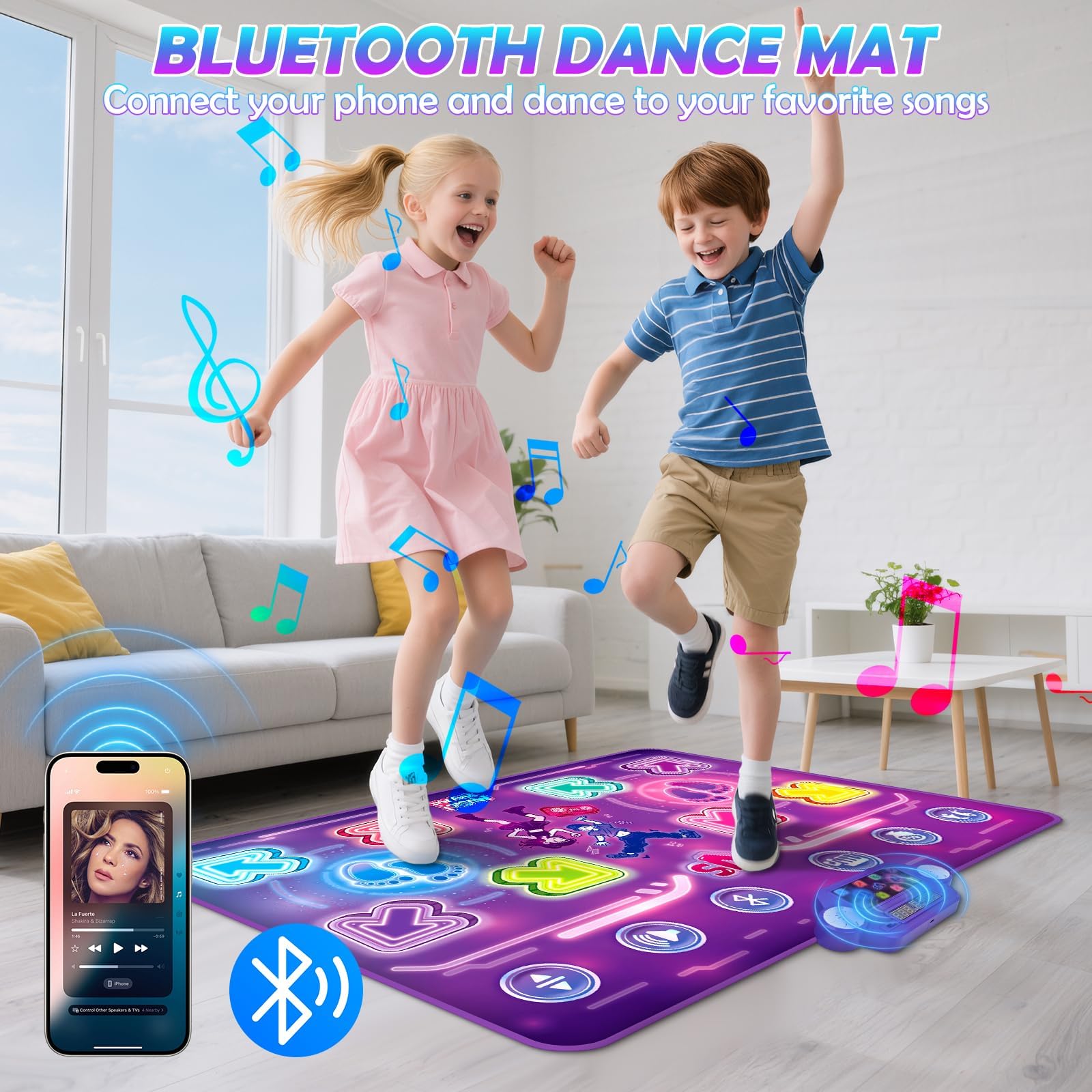 Mata taneczna dla dzieci z Bluetooth, świecąca mata muzyczna dla 2 graczy z 3 trybami, interaktywna zabawka dla dzieci od 3 lat, prezent na urodziny i Boże Narodzenie