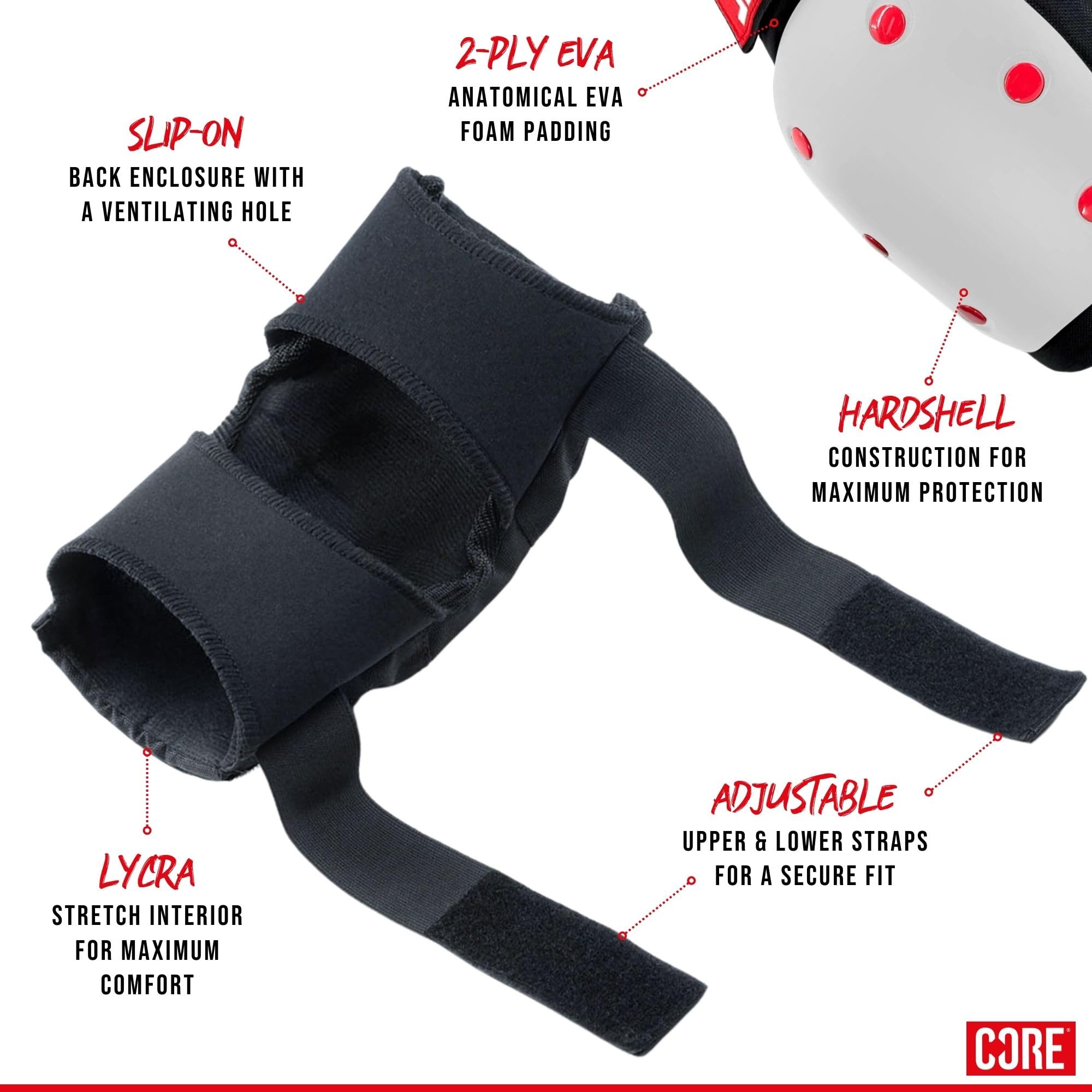 CORE Lot de 3 coussinets de protection 3 en 1 pour enfants/adultes, genoux, coudes et poignets pour le skateboard, le patin à roulettes, la trottinette acrobatique et le cyclisme de tous âges – Blanc