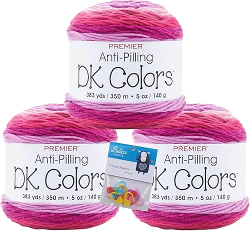 Premier Yarns DK Colors - Ovillo de hilo antibolitas con rayas autoservicio, 5 onzas, peso ligero #3, paquete de 3 unidades con marcadores de