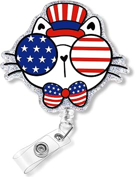 Plifal 4th of July Badge Reel Cute Independence Day Glasses Cat Retractable ID Badge Holder with Beads Charm Alligator Clip, Office Humor Badge Reel for Women Coworker Gifts