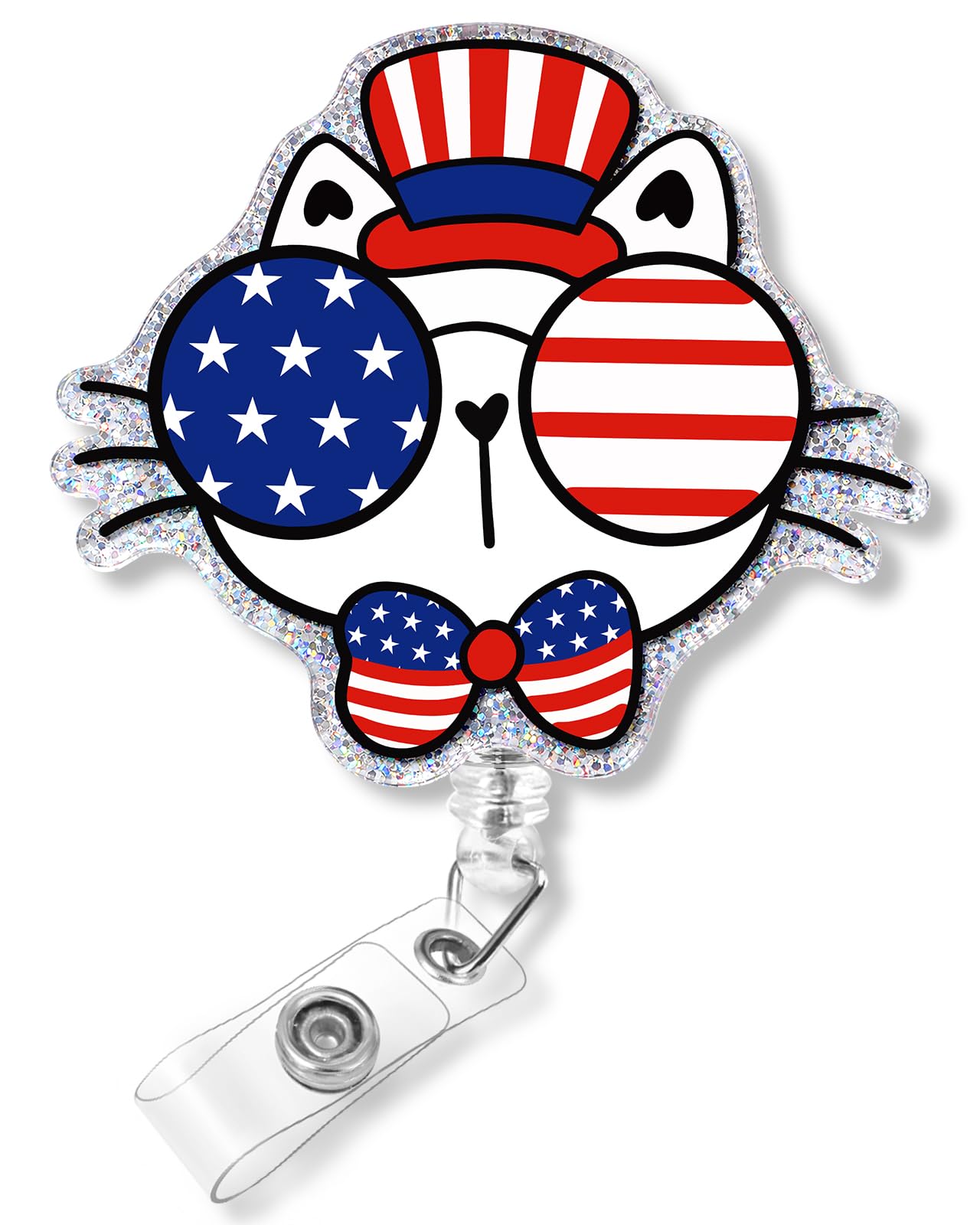 Plifal 4th of July Badge Reel – Cute Independence Day Glasses Cat Retractable ID Badge Holder with Beads Charm Alligator Clip, Office Humor Badge Reel for Women Coworker Gifts